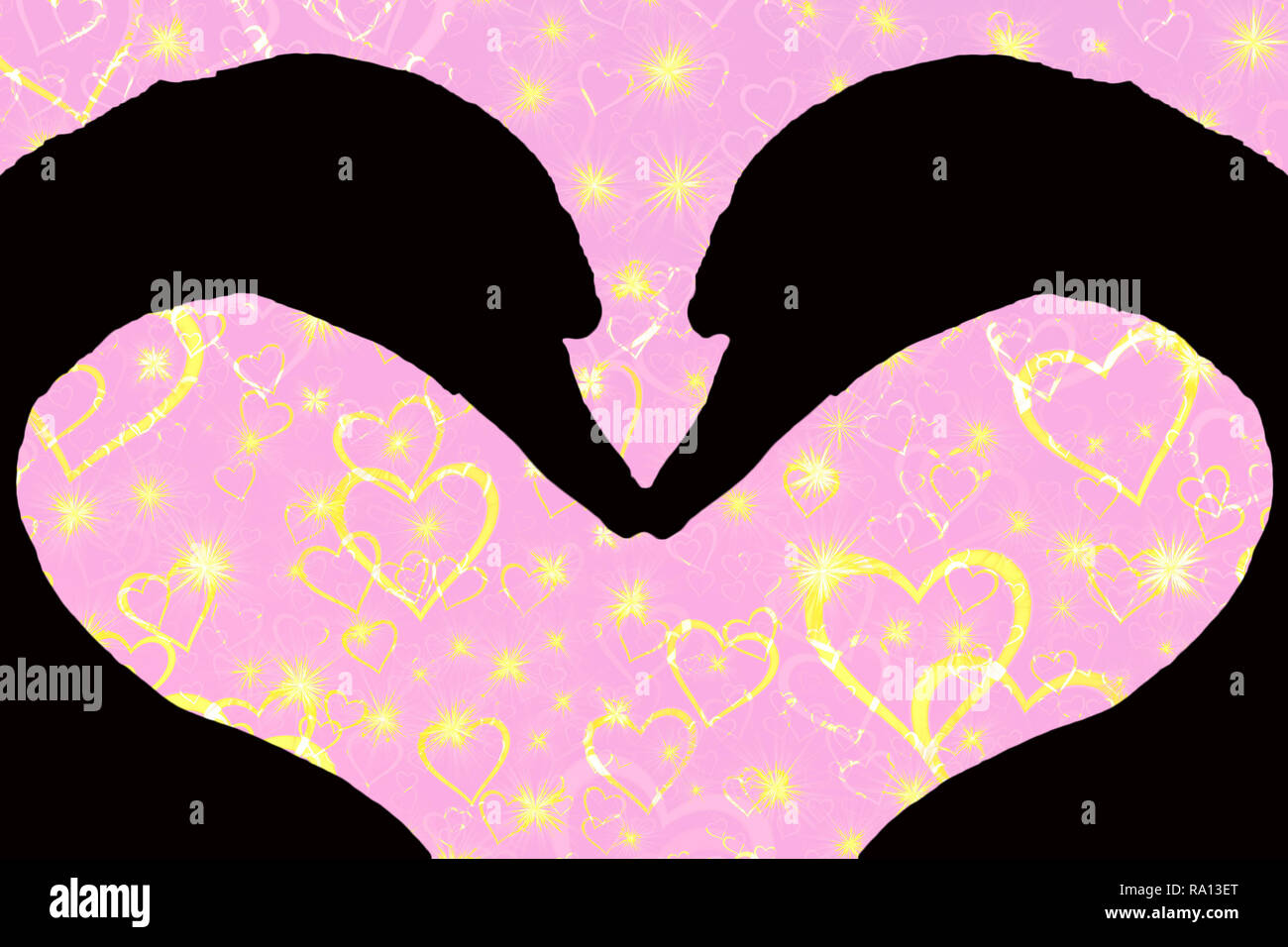 Valentines Day concept, silhouette de deux chefs swan formant un ensemble en forme de coeur, isolé sur un fond rose avec des coeurs mousseux d'or Banque D'Images