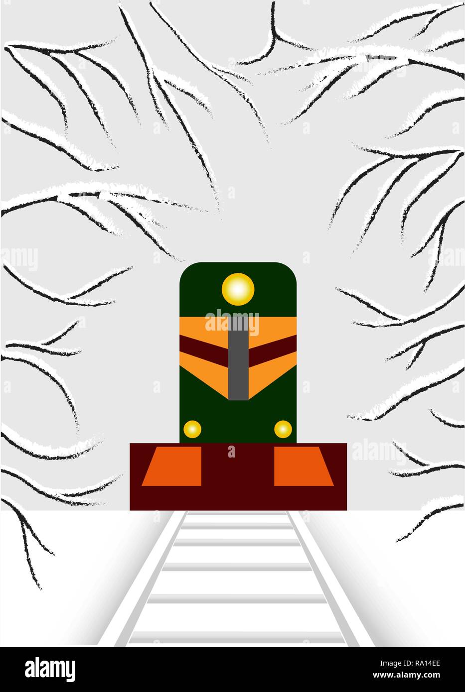 Le cubisme. La locomotive est l'accomplissement du printemps jusqu'à la forêt enneigée. Illustration de Vecteur