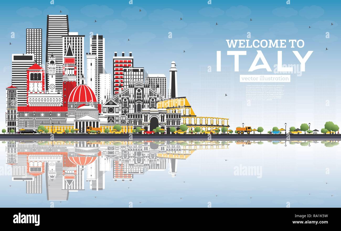 Bienvenue en Italie sur les toits de la ville avec des bâtiments gris, ciel bleu et des réflexions. Des sites célèbres en Italie. Vector Illustration. Concept du tourisme Illustration de Vecteur