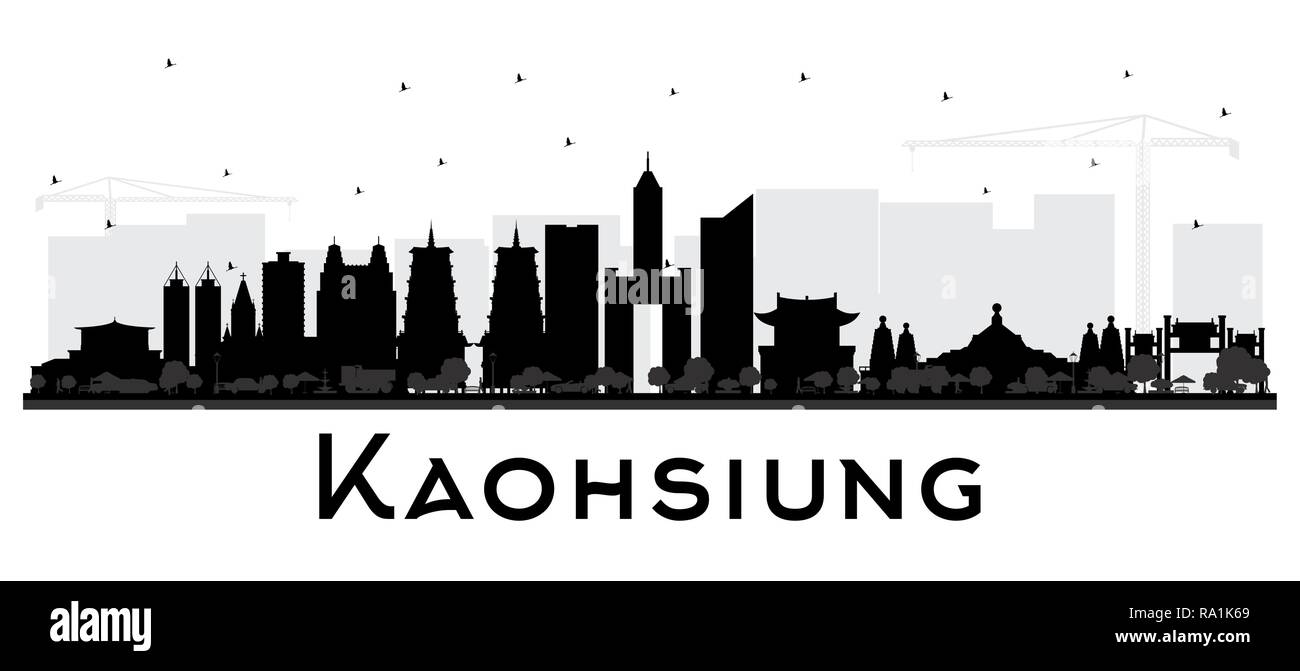 Taïwan Kaohsiung City Skyline Silhouette aux bâtiments noir isolé sur blanc. Vector Illustration. Les voyages d'affaires et tourisme Concept Illustration de Vecteur