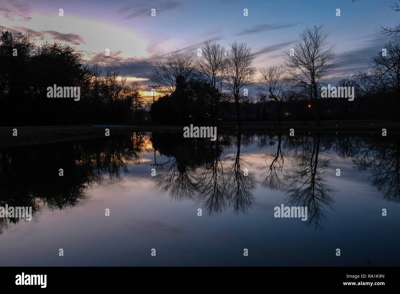 Rejets miroir sur la surface d'un étang calme au coucher du soleil à Tracy City, Texas Banque D'Images