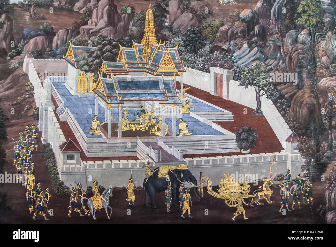 Temple du Ramakien parois murales de Wat Phra Kaew, Bangkok, Thaïlande. Banque D'Images