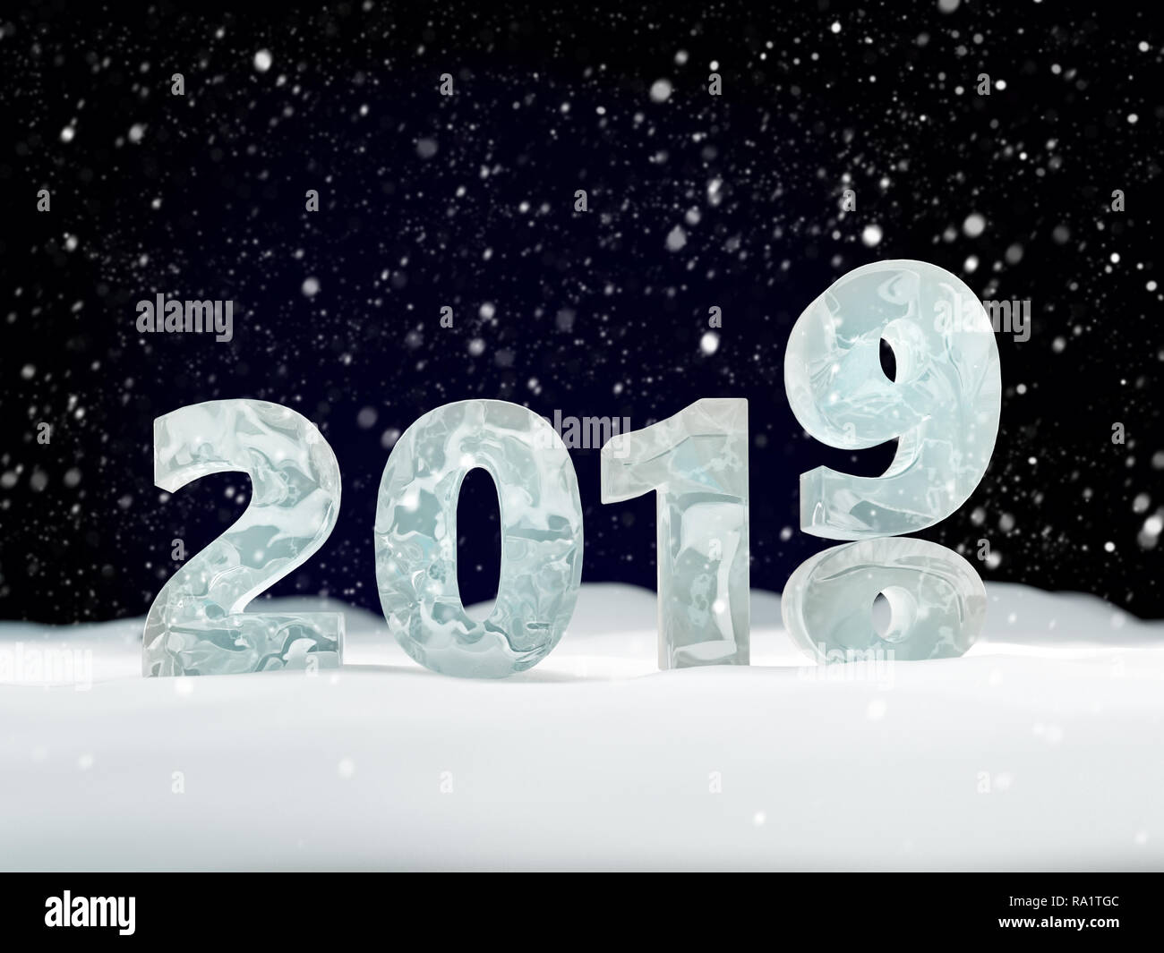 Le rendu 3D de nouvelle année date 2019 formé à partir de la glace avec neuf chiffres chiffres la poussant vers le bas de l'année âgé de huit contre ciel neige bleu foncé Banque D'Images