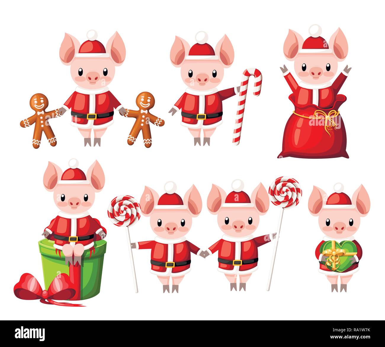 Cochon mignon à Noël. Cartoon character design. Petits cochons avec lollipops, gingerbread cookie et coffrets cadeaux. Je vecteur Télévision Illustration de Vecteur