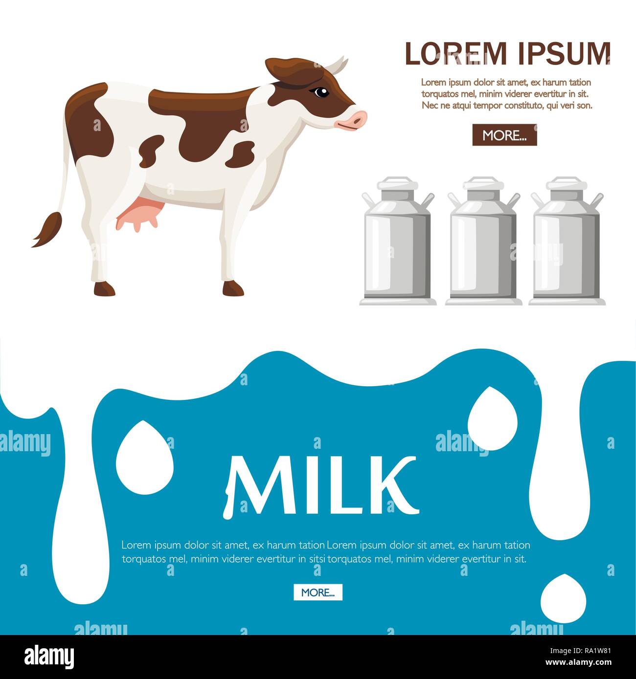 Des gouttes et le débit de lait. La crème fraîche ou du yogourt drop Splash. Vache et des bidons de lait. Télévision vector illustration. Page de site Web et conception d'applications mobiles. Concept pour adve Illustration de Vecteur