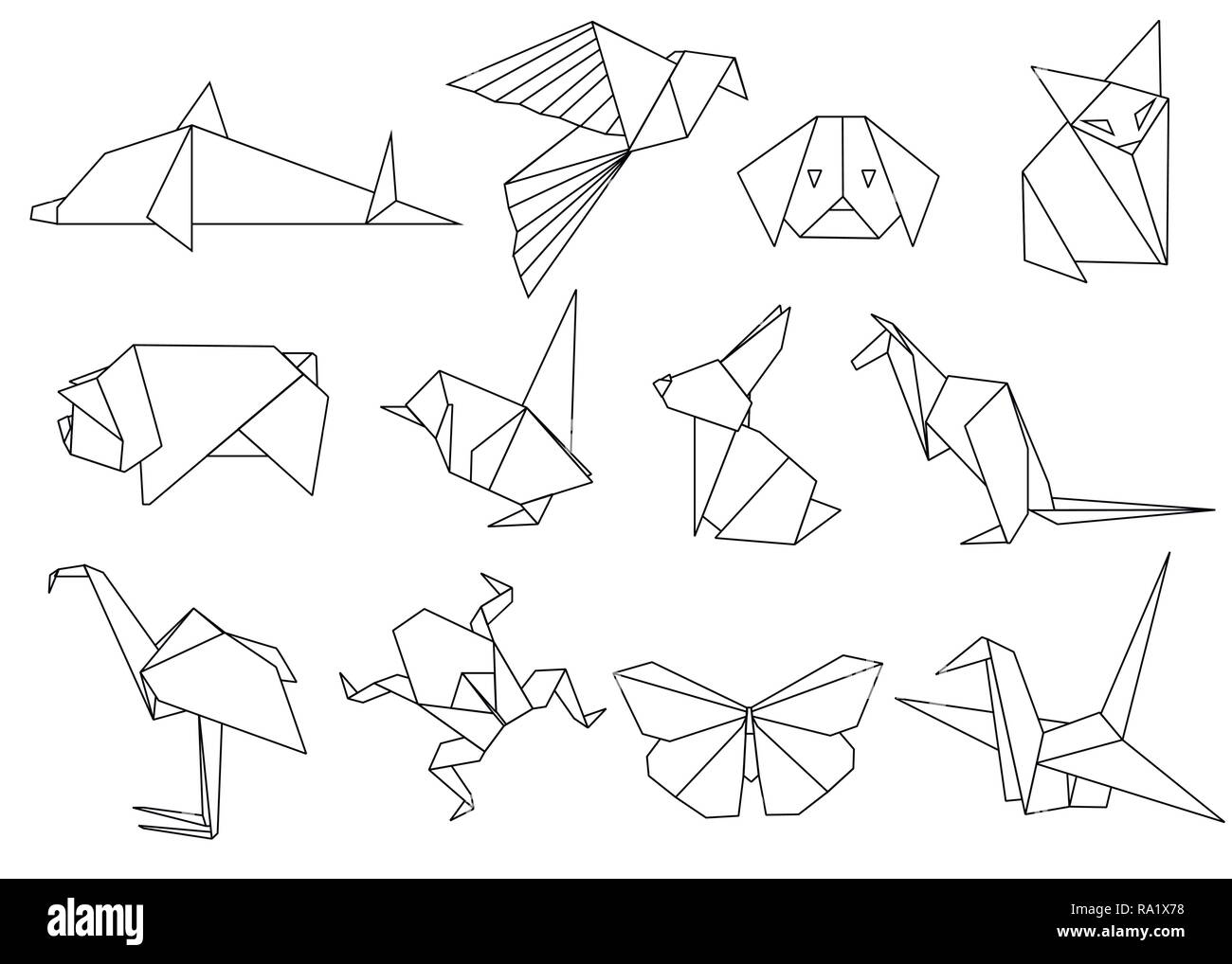 Conception de la ligne. Japonais Origami set animaux. Passe-temps moderne. Télévision vector illustration isolé sur fond blanc. Animaux en papier coloré, faible d polygonale Illustration de Vecteur
