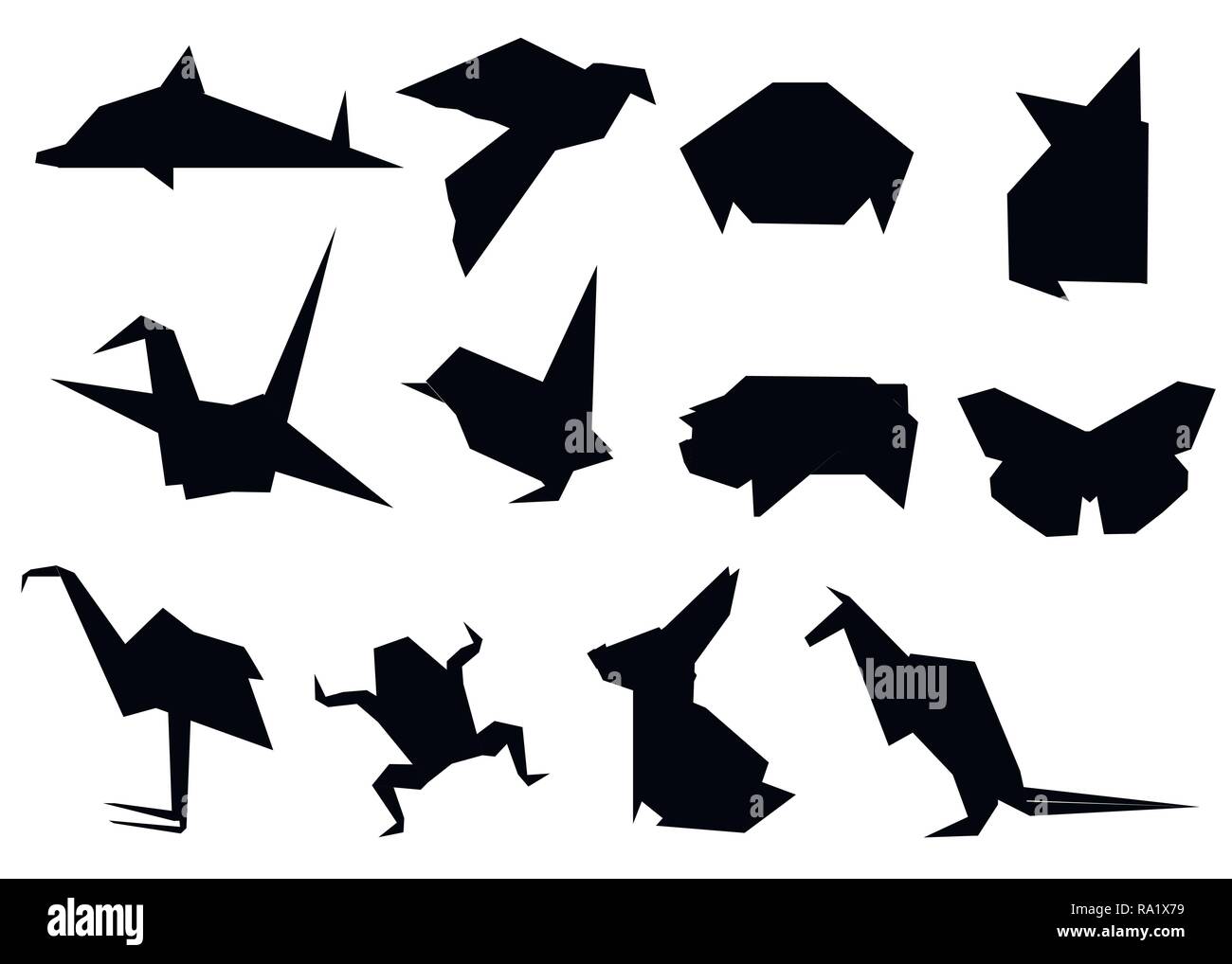 Silhouette noire. Japonais Origami set animaux. Passe-temps moderne. Télévision vector illustration isolé sur fond blanc. Animaux en papier noir, faible polygonale Illustration de Vecteur