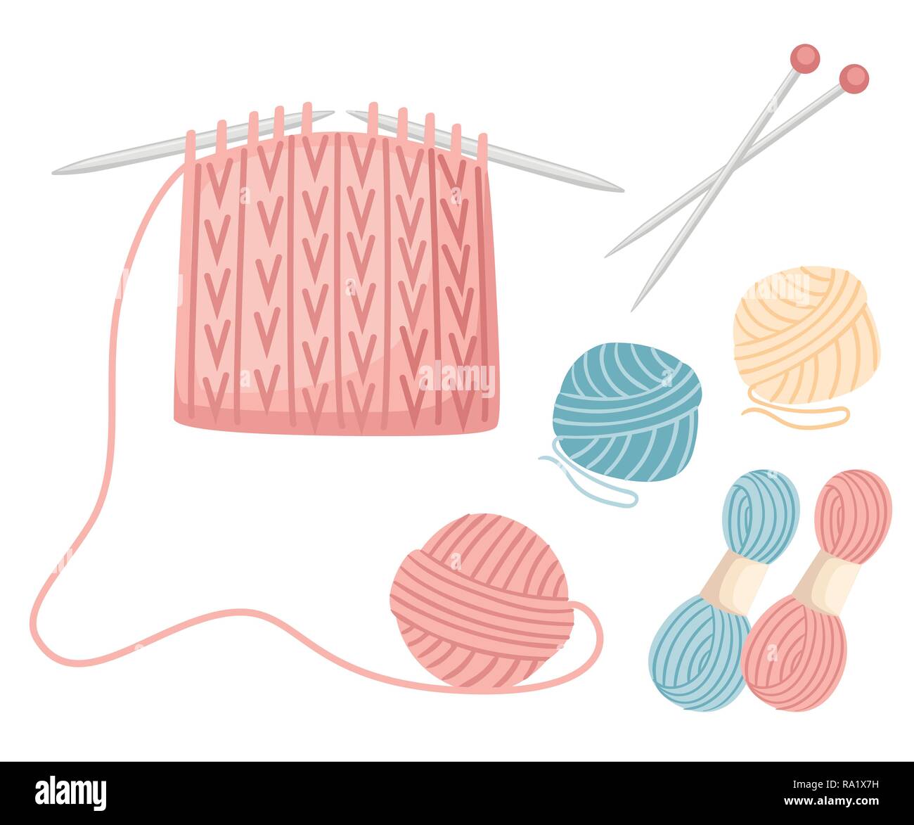 Set d'outils pour la couture des aiguilles à tricoter. Boules de laine, laine illustration en couleur. Processus de tricotage. Télévision vector illustration sur fond blanc. Illustration de Vecteur