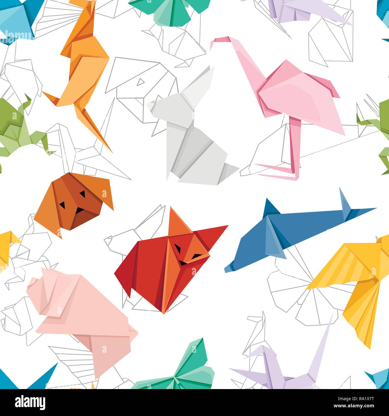 Modèle sans couture. Japonais Origami set animaux. Passe-temps moderne. Télévision vector illustration sur fond blanc. Animaux en papier coloré, faible desig polygonale Illustration de Vecteur