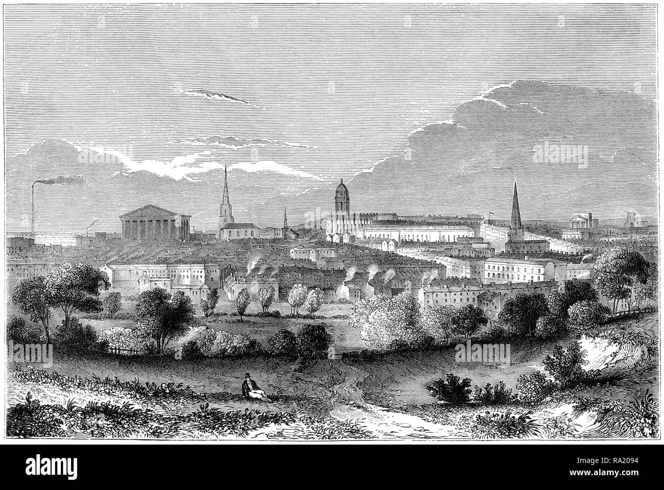 1845 gravure d'une vue de Birmingham. Banque D'Images