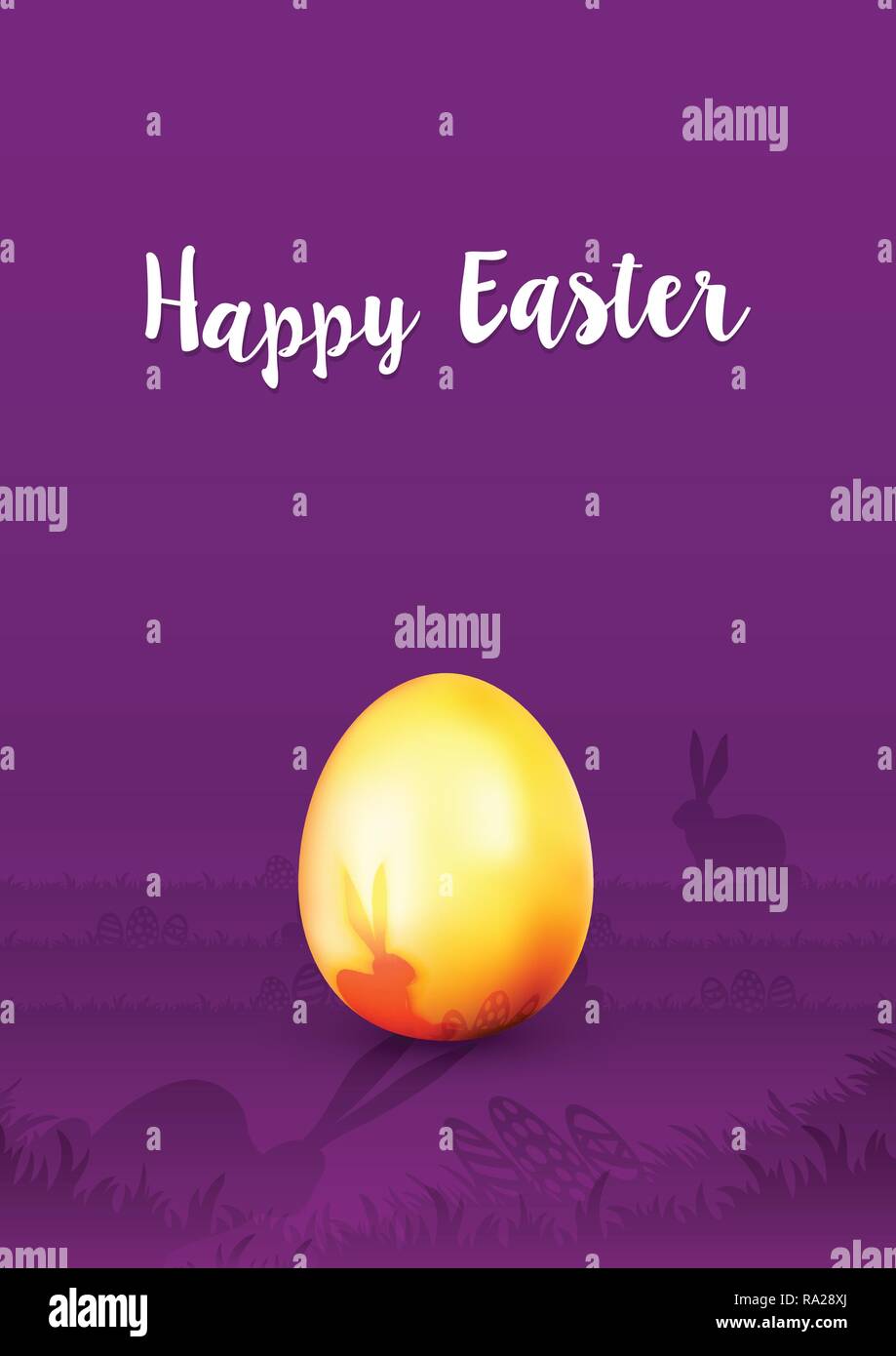 Carte de vœux de Pâques - oeuf de Pâques en or sur fond violet avec silhouette de lapin - Joyeuses Pâques Illustration de Vecteur