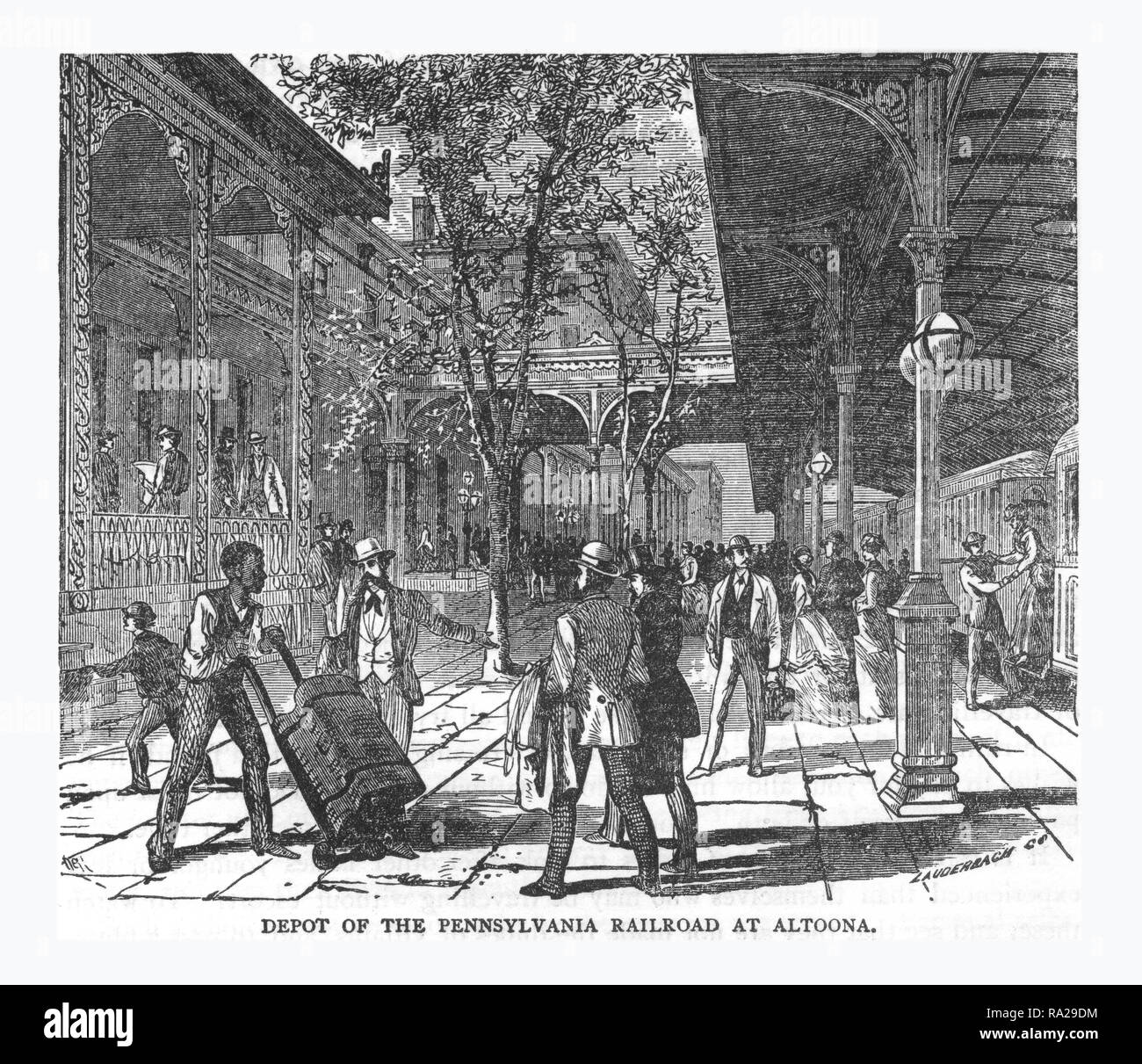 Depot de la Pennsylvania Railroad à Altoona Victorian gravure, 1879 Banque D'Images