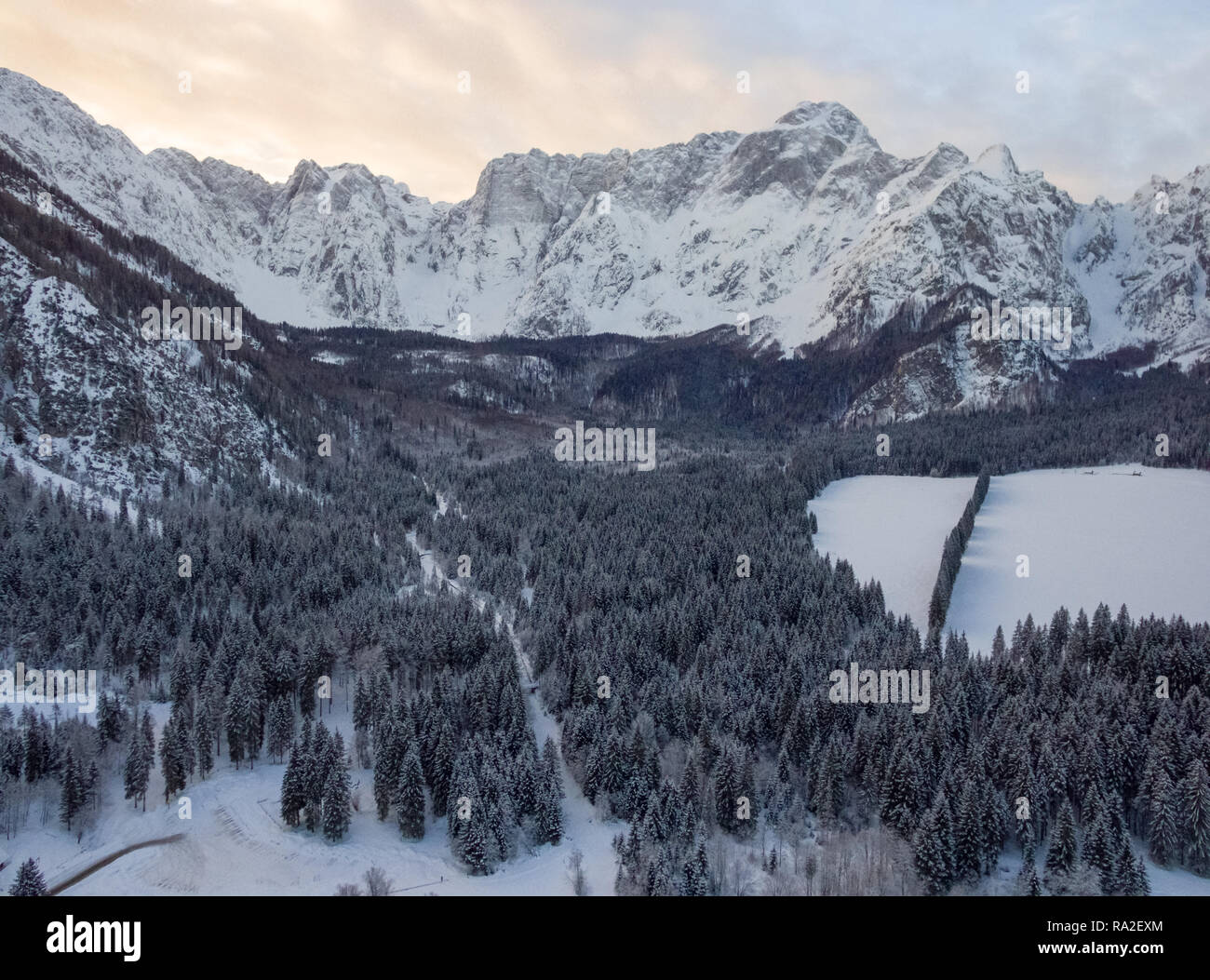 Photo aérienne du magnifique paysage hivernal avec des arbres couverts de neige en Italie Banque D'Images