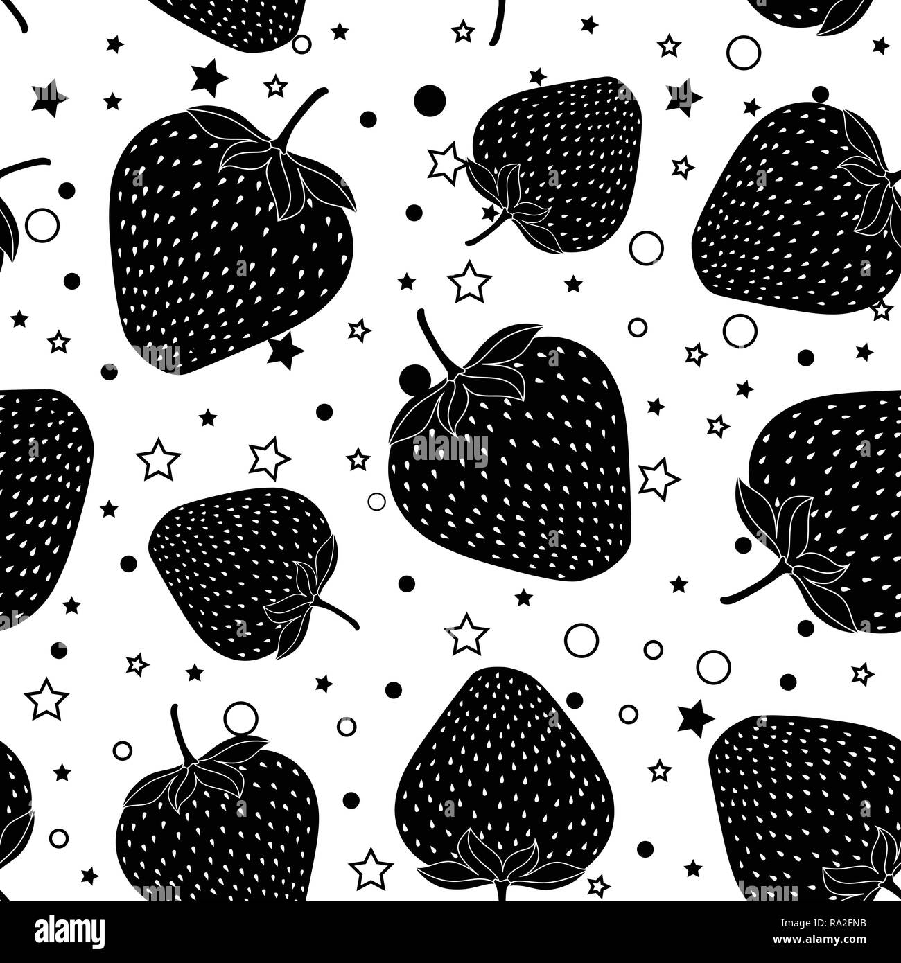 Modèle vectoriel continu noir avec des fraises, des petites étoiles et des cercles. Rapatriement fond noir et blanc. Illustration de Vecteur