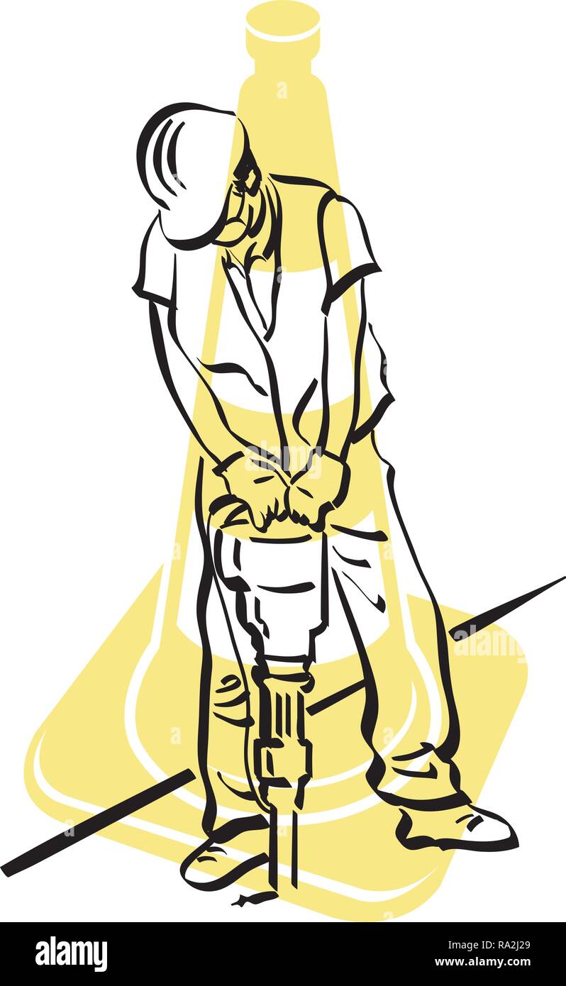Illustration d'un travailleur qui est à l'aide d'un marteau-piqueur sur un revêtement routier Illustration de Vecteur