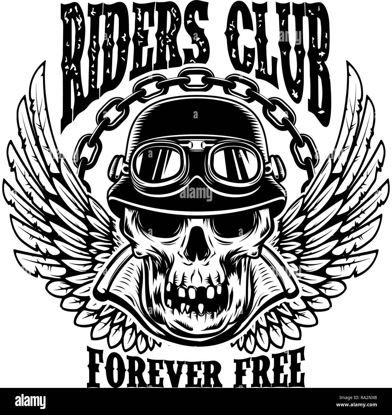 Riders Club. Modèle avec l'emblème du crâne et des motards des ailes. L'élément de conception pour poster, carte, t shirt. Image vectorielle Illustration de Vecteur