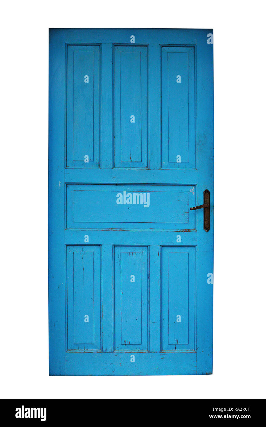 Vieille porte en bois peint bleu isolé sur fond blanc Banque D'Images