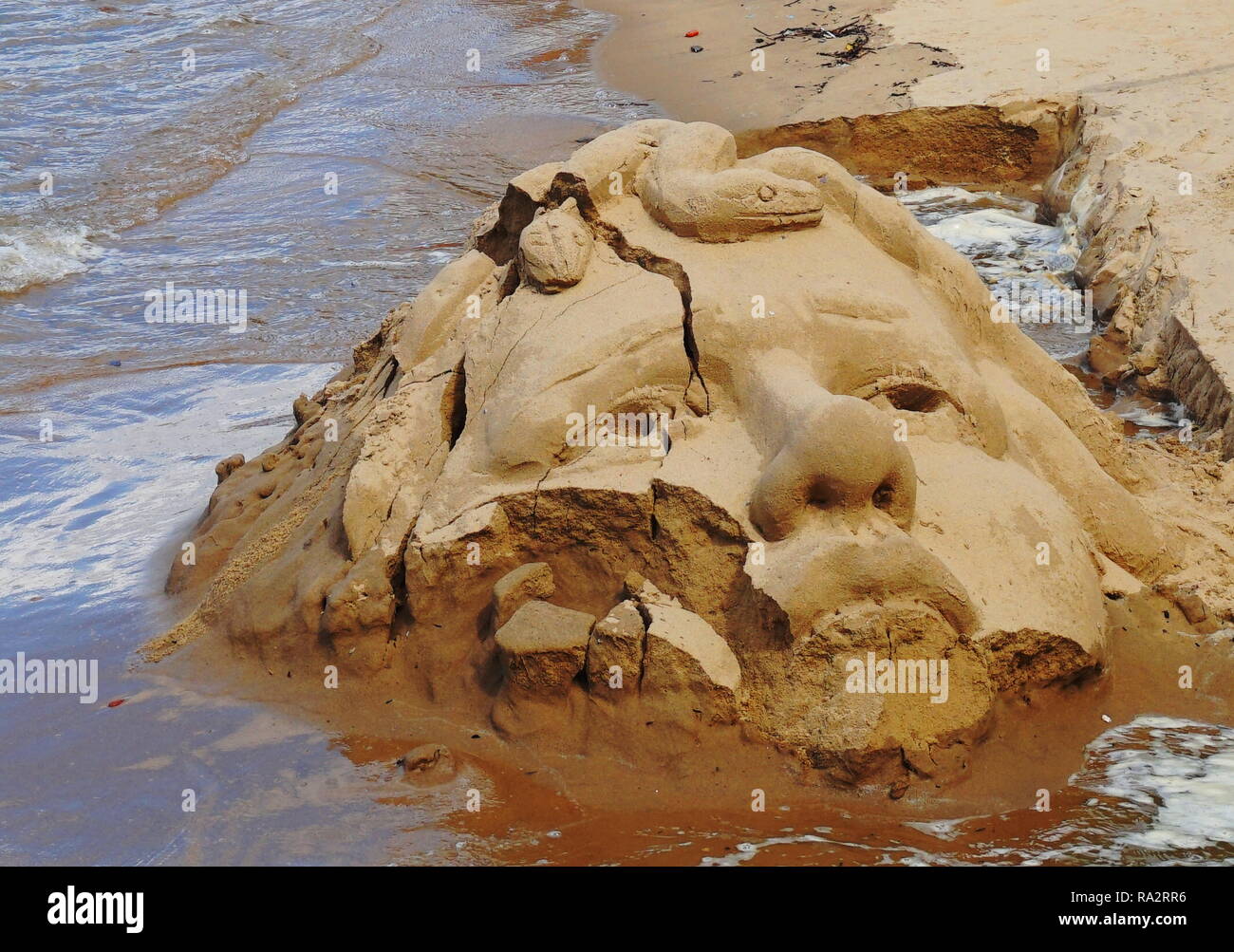 Rivière / mer de laver une sculpture de sable d'un visage de femme Banque D'Images
