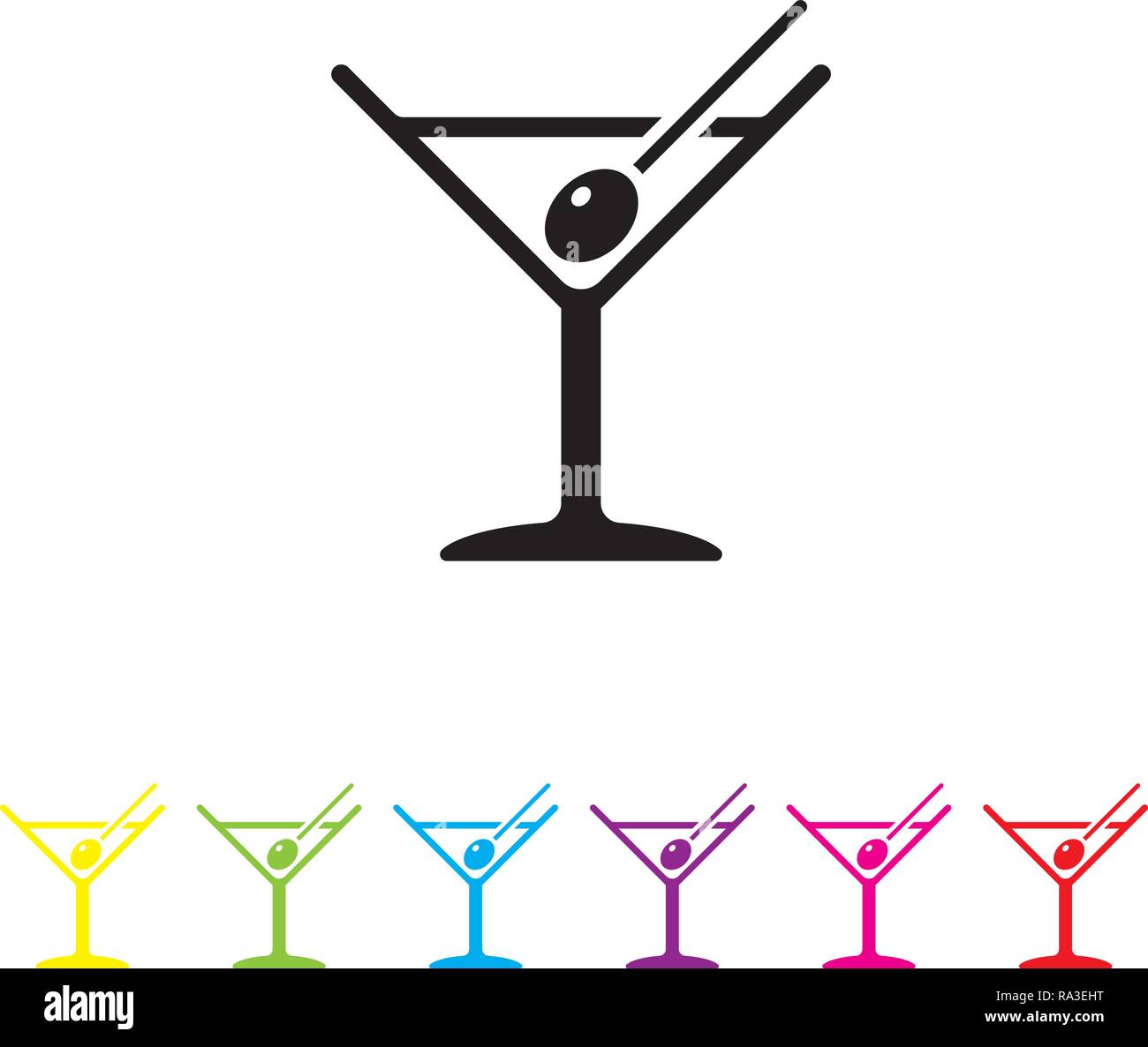 Cocktail Martini avec des cure-dents sur l'icône vecteur d'olive. Symbole de boissons alcoolisées en noir et six variations de couleur. Illustration de Vecteur