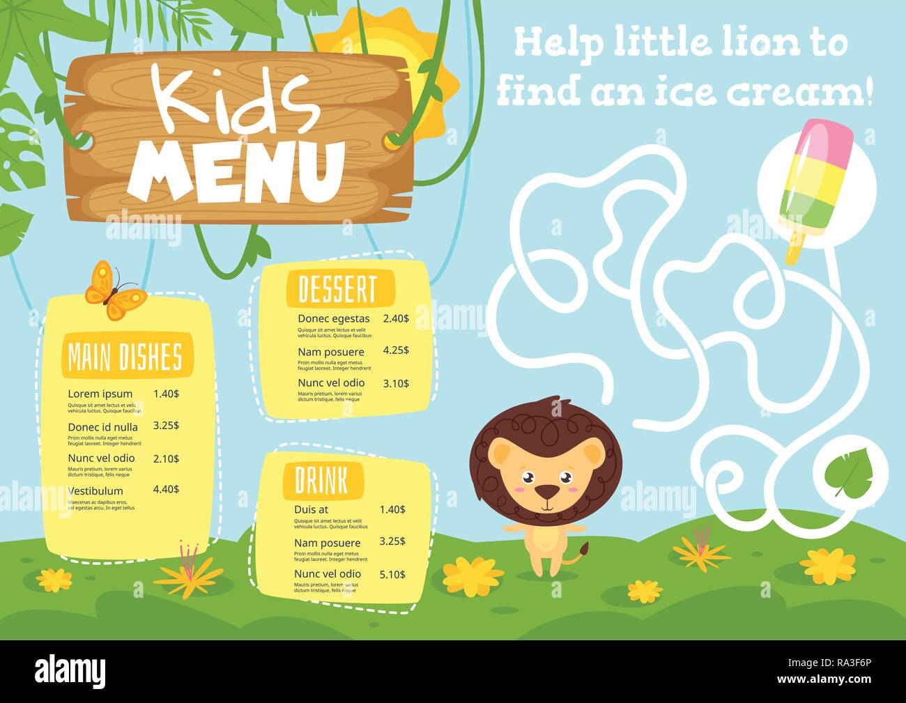 Aliments pour enfants menu design template avec mignon petit personnage - jungle lion sur fond de forêt tropicale. L'éducation des enfants ou du jeu de labyrinthe. Illustration de Vecteur