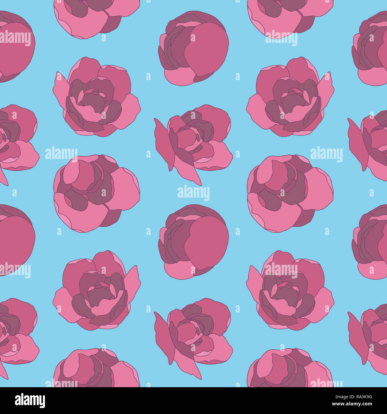 Illustration graphique modèle floral avec fleurs roses roses sur fond bleu Banque D'Images