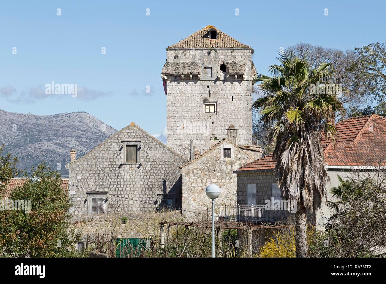 Château dans la ville côtière de l'île de Sipan, Lopud, Îles Élaphites, Dalmatie, Croatie Banque D'Images