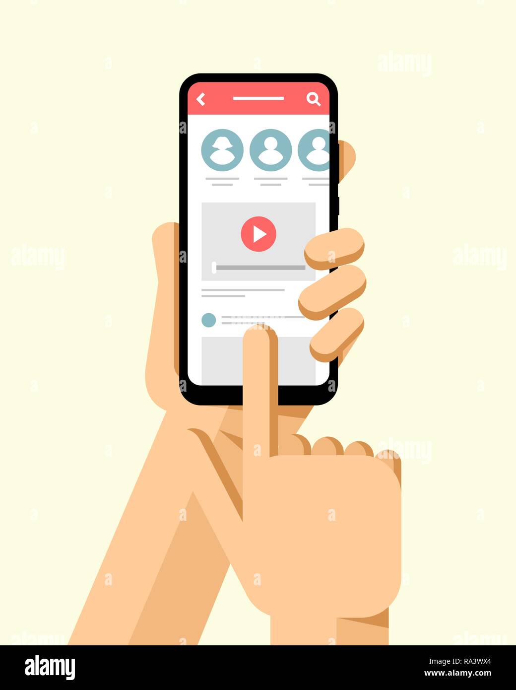 Main courante le smartphone avec l'application de réseau social sur l'écran. Télévision téléphone moderne vecteur illustration maquette Illustration de Vecteur