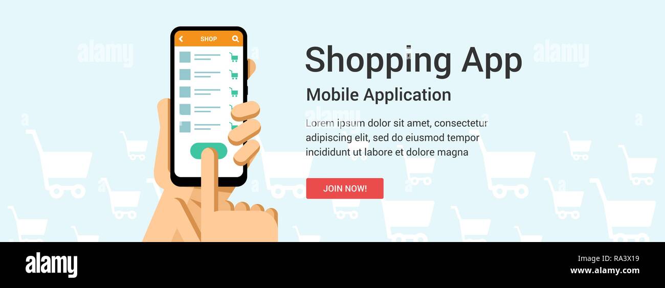 Télévision vecteur bannière pour les achats en ligne l'application. Dans la main de téléphone mobile ou l'illustration pour web design Illustration de Vecteur