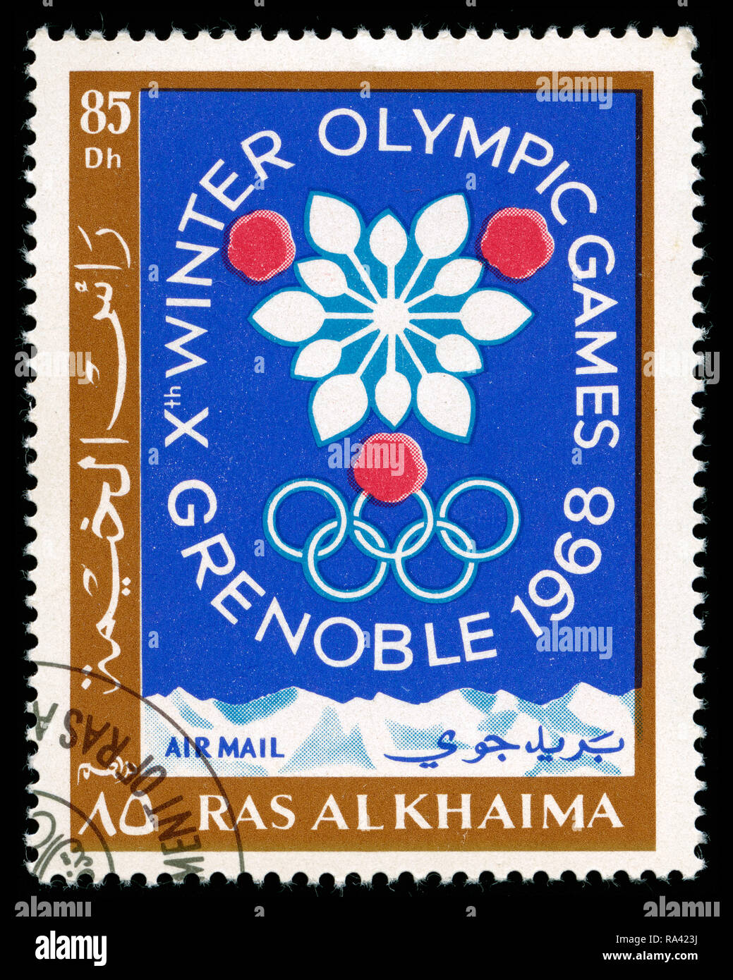 Timbre-poste de Ras Al Khaimah aux Emirats Arabes Unis aux Jeux Olympiques d'hiver 1968, Grenoble série émise en 1967 Banque D'Images