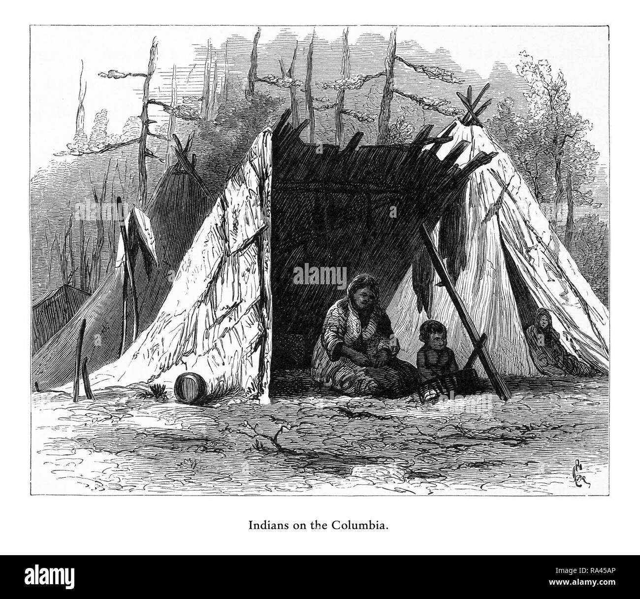 Les Indiens sur la rivière Columbia, South Carolina, United States, American Victorian gravure, 1872 Banque D'Images