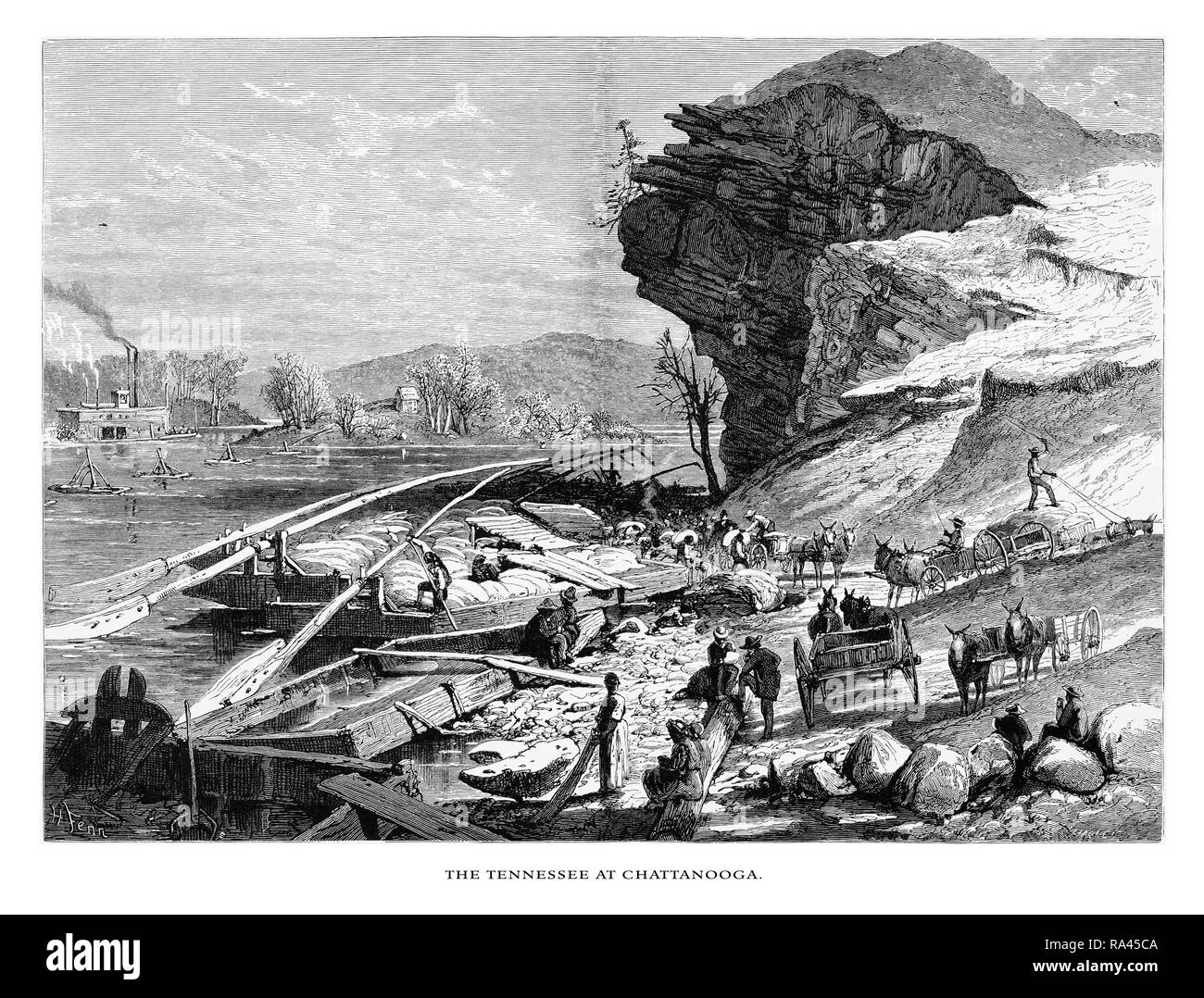 Tennessee River à Chatanooga, Virginia, United States, American Victorian gravure, 1872 Banque D'Images