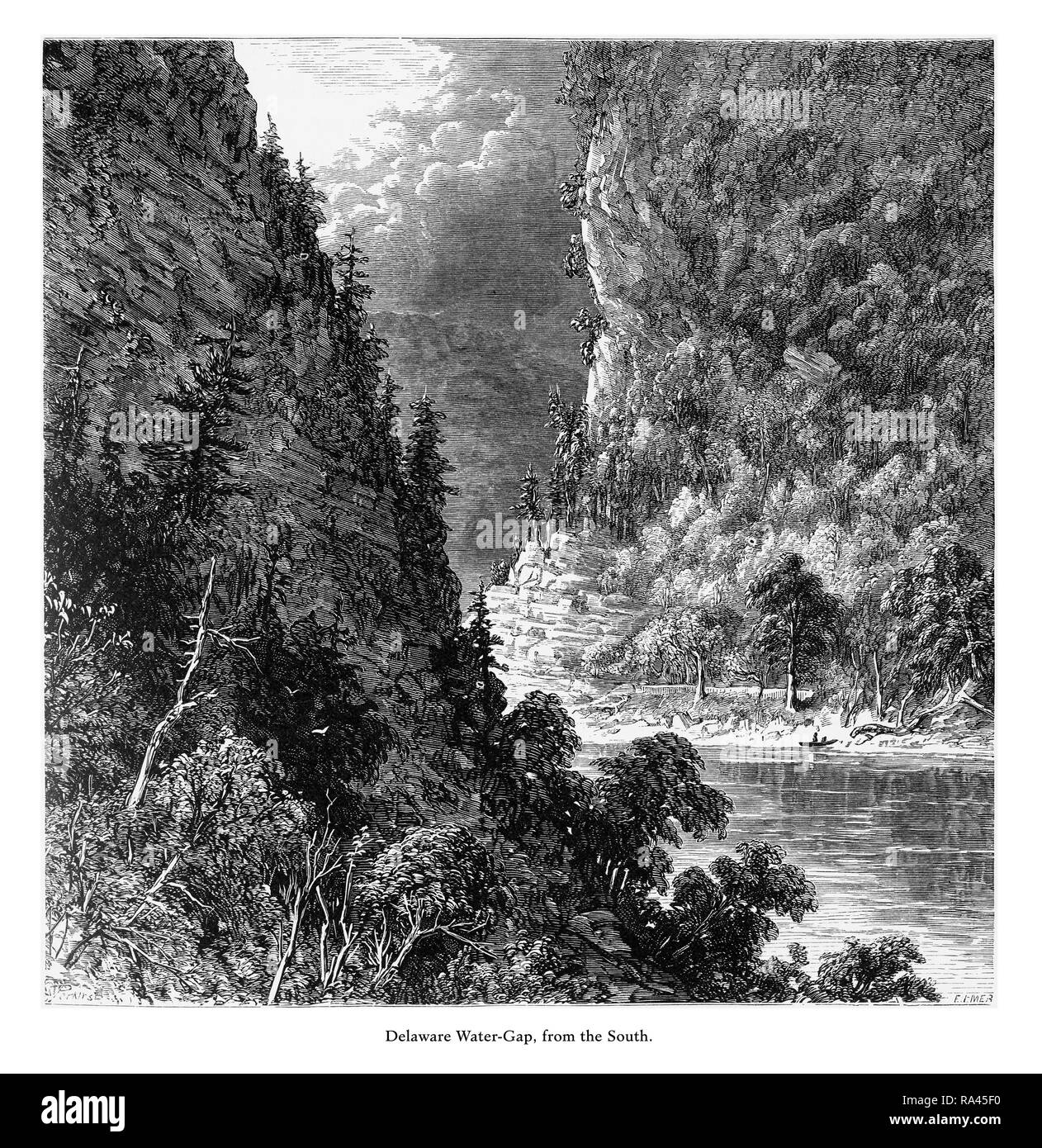 Rivière Delaware Water Gap depuis le Sud, West Virginia, United States, American Victorian gravure, 1872 Banque D'Images