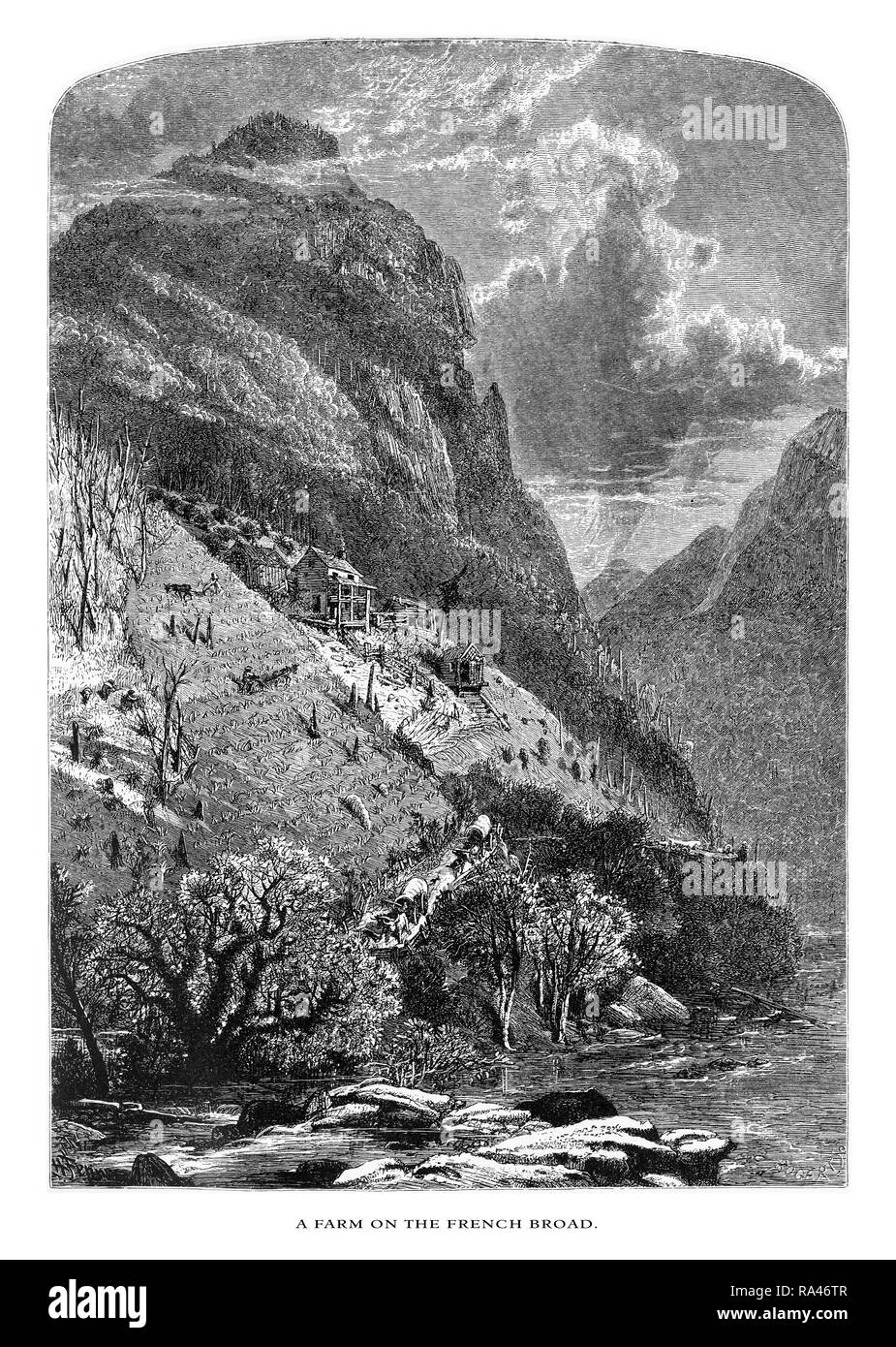 Ferme sur la French Broad River, North Carolina, United States, American Victorian gravure, 1872 Banque D'Images