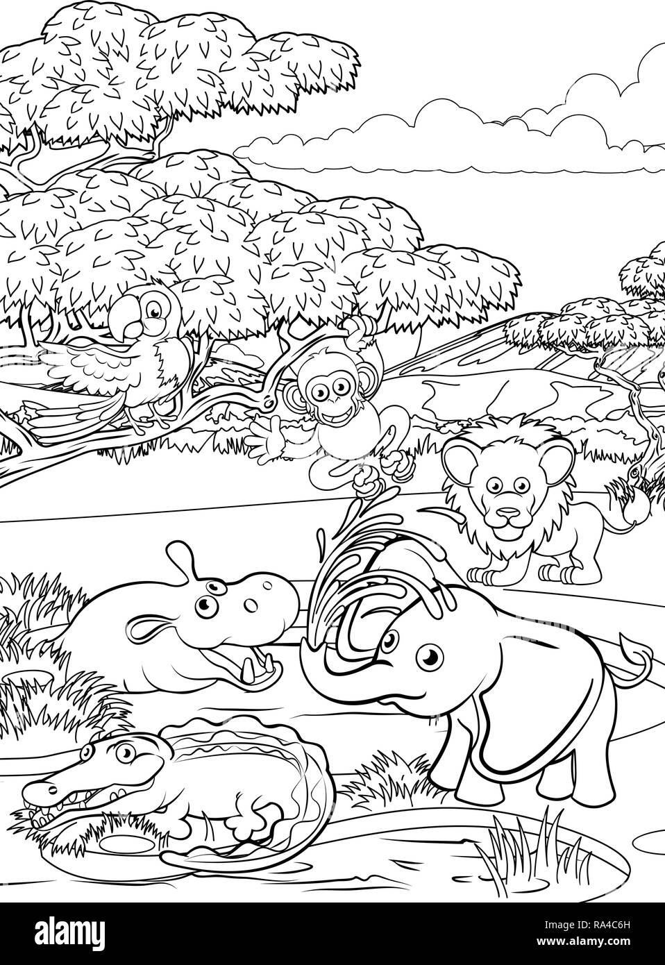 Cartoon Animal Safari Scène paysage en arrière-plan Illustration de Vecteur