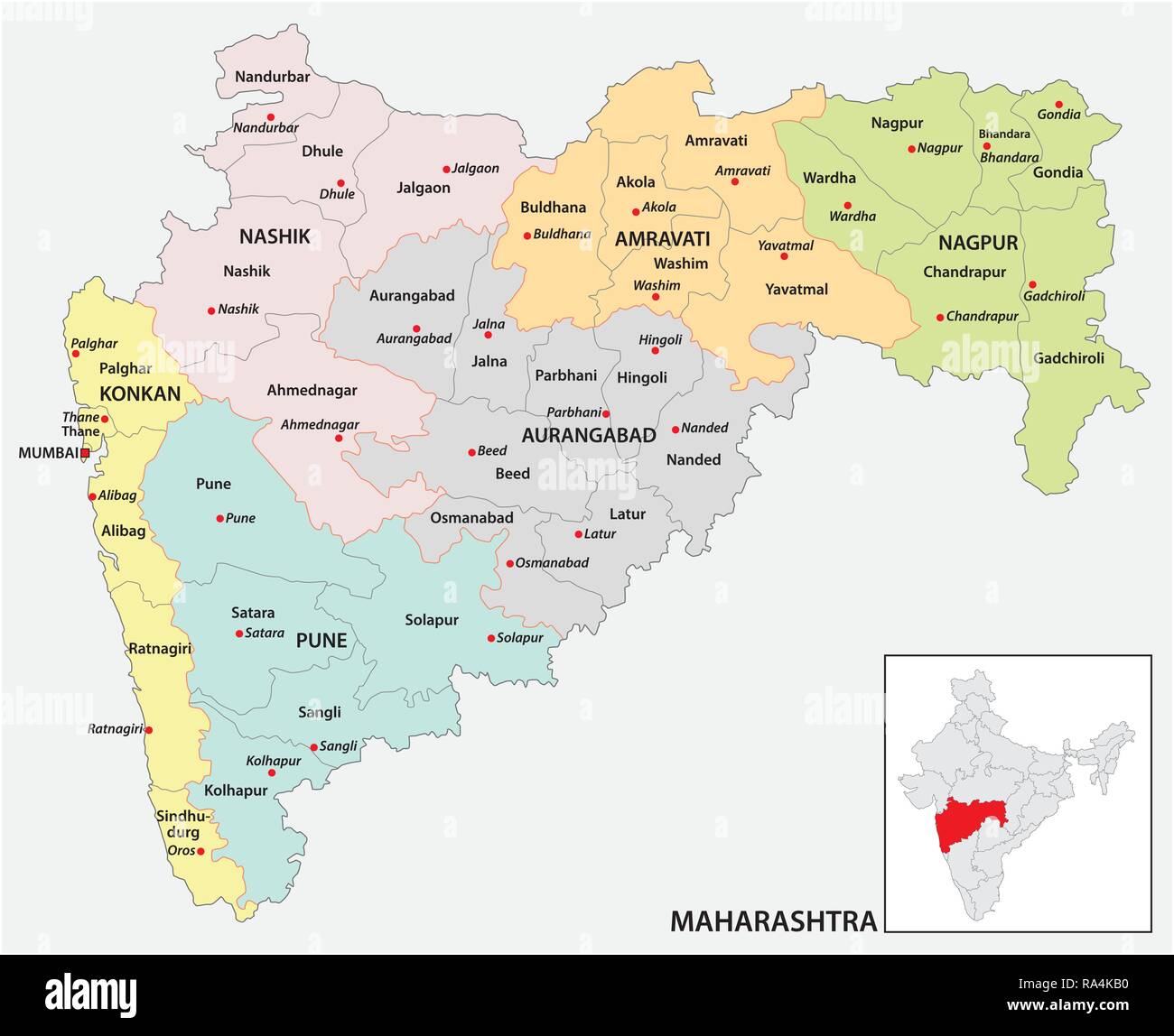 La carte administrative et politique de l'état indien du Maharashtra, Inde Illustration de Vecteur