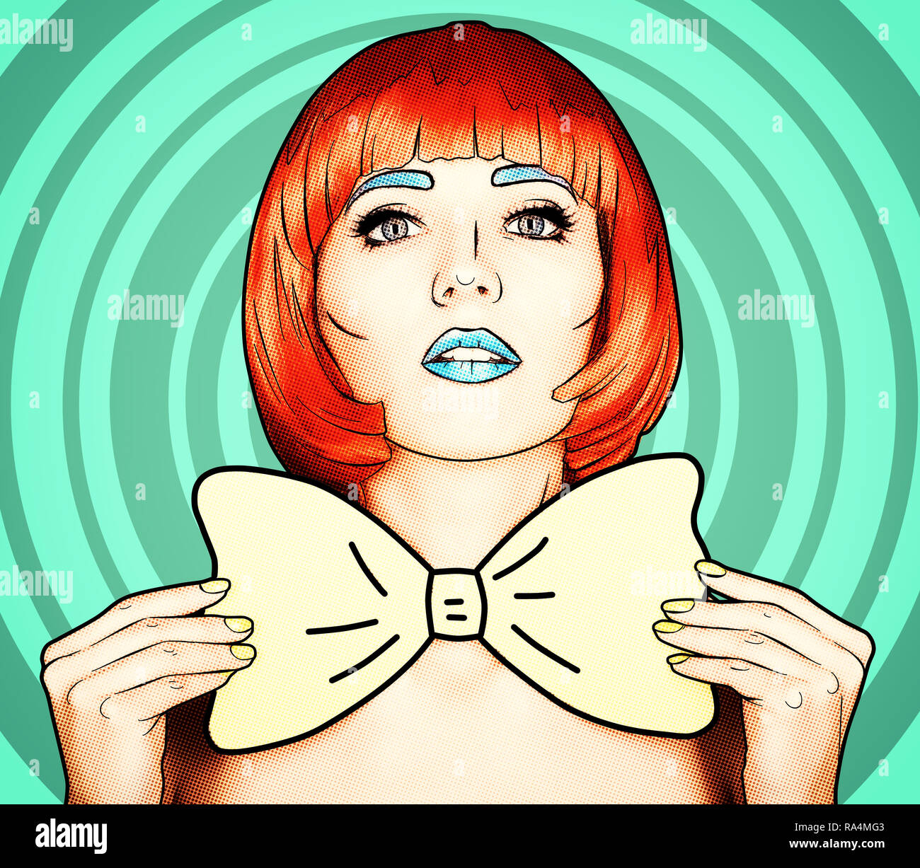 Portrait de jeune femme en comic pop art style de maquillage. Perruque  femme en rouge sur fond de dessin animé cyan. Fille avec nœud papillon  jaune dans les mains Photo Stock -