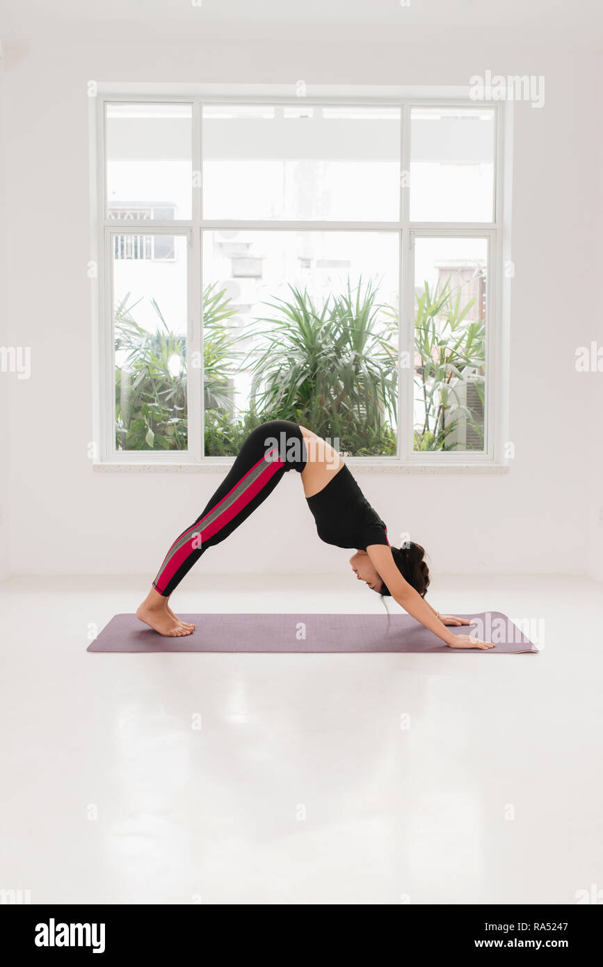 Belle jeune femme pratique le yoga asana Adho Mukha Svanasana - chien tête en bas au cours de Banque D'Images