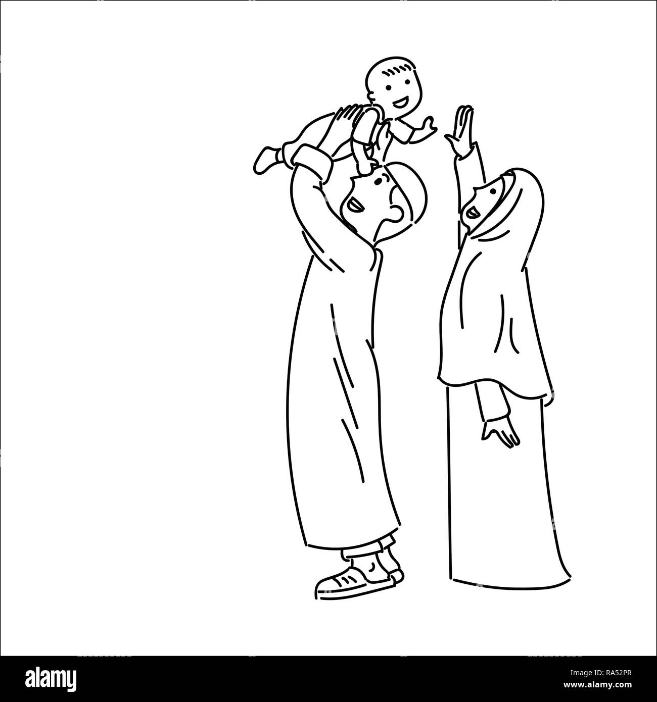 Heureux famille musulmane avec père, mère et fils, femme portant le hijab, une ligne simple cartoon Illustration Illustration de Vecteur