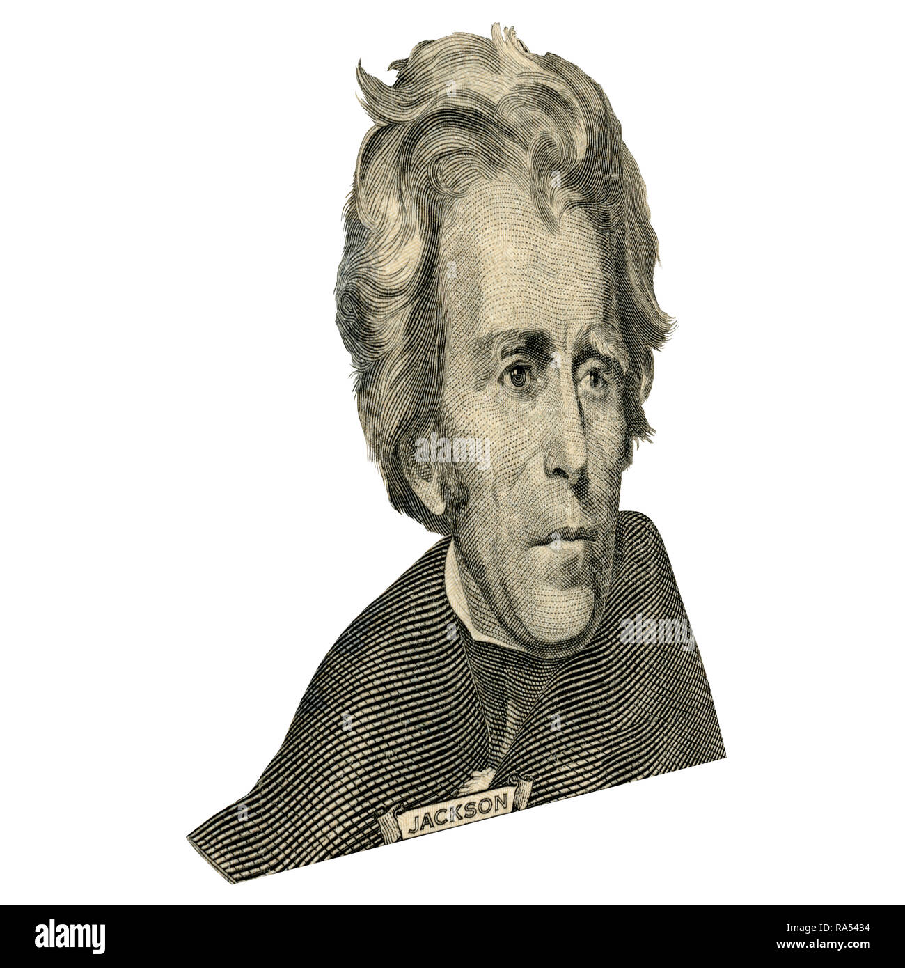 Portrait de l'ancien président américain Andrew Jackson comme il a l'air sur l'avers de vingt dollars. Photo à un angle de 15 degrés. Banque D'Images