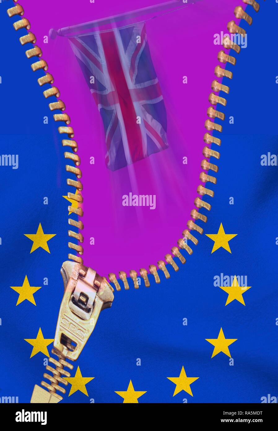Drapeau britannique et de l'UE étoile, à glissière, symbolique de l'UE, sortie de l'image Brexit, Grande-Bretagne Banque D'Images