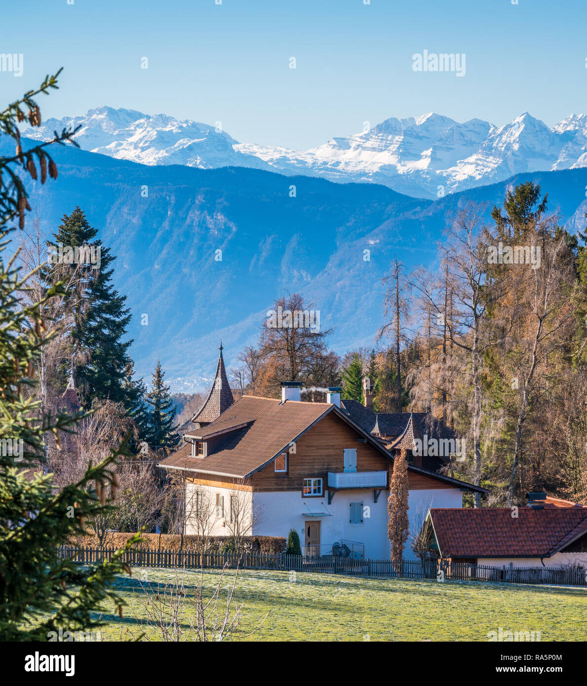 Paysage hivernal idyllique dans la région de Bolzano, Trentin-Haut-Adige, Italie du nord. Banque D'Images