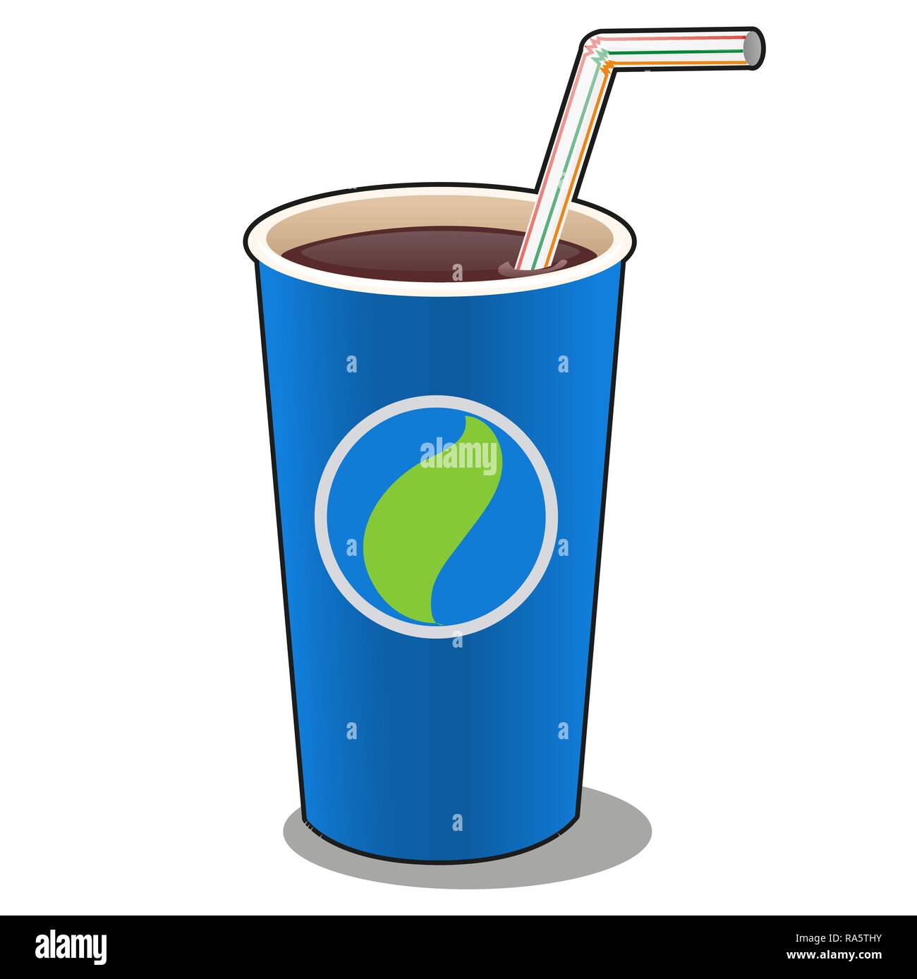 Boisson rafraîchissante dans un papier bleu tasse avec paille en plastique isolé sur fond blanc. Cartoon Vector illustration close-up. Illustration de Vecteur