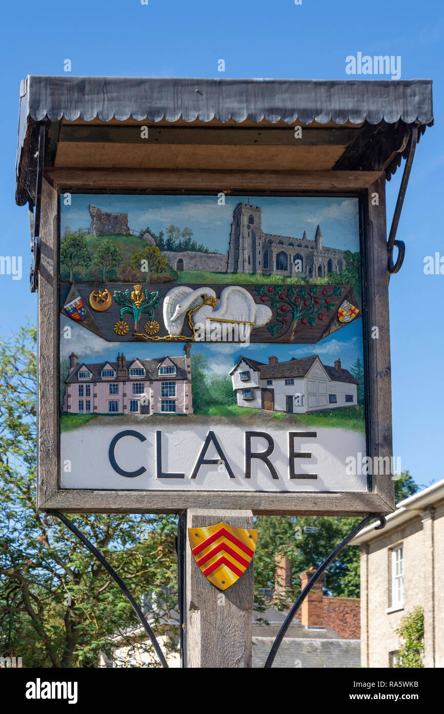 Panneau du Village, Nethergate Street, Clare, Suffolk, Angleterre, Royaume-Uni Banque D'Images