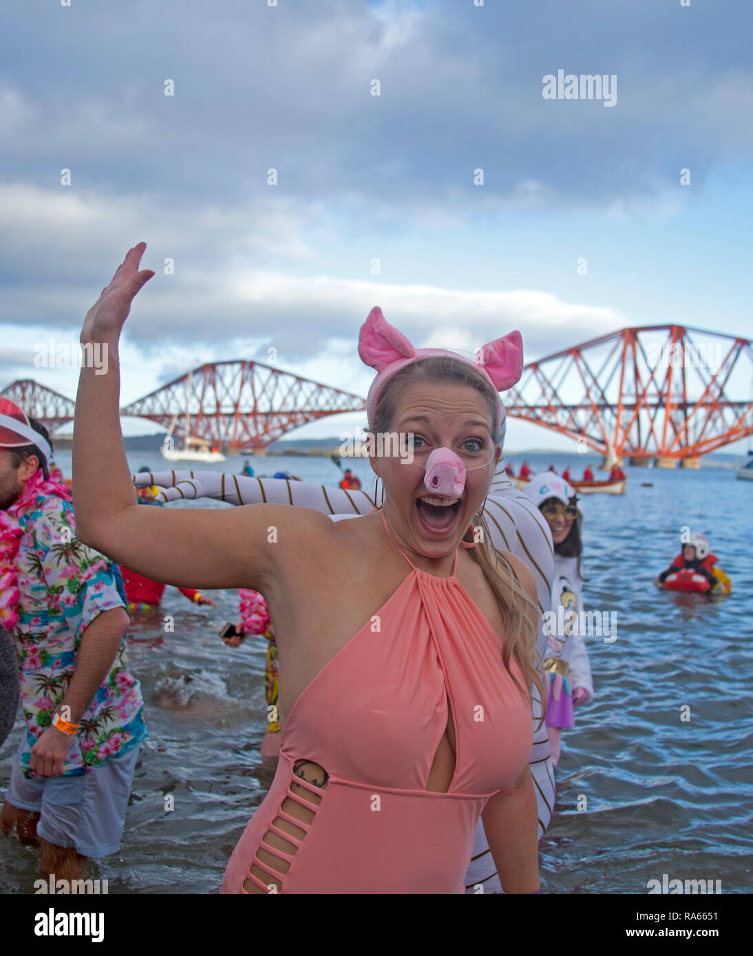 South Queensferry, Edinburgh, Scotland UK. 01 janvier 2019. Queensferry Nouvelle Année Loony Dook, l'assemblée annuelle de la Firth of Forth à l'ombre de la célèbre Forth Rail Bridge. A lieu le troisième jour de l'Edinburgh Hogmany célébrations du Nouvel An. Capacité maximale de foule Banque D'Images