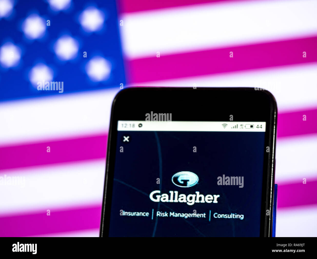 Kiev, Ukraine. 1er janvier 2019. Arthur J. Gallagher & Co. d'avion logo de l'entreprise vu affichée sur un téléphone intelligent. Crédit : Igor Golovniov SOPA/Images/ZUMA/Alamy Fil Live News Banque D'Images