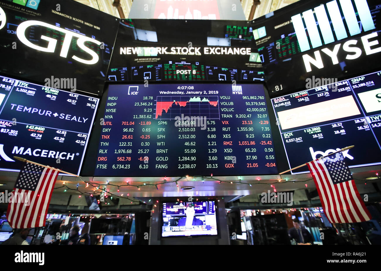 New York, USA. 2 Jan, 2019. Les écrans électroniques avec des données commerciales sont vus à la Bourse de New York à New York, États-Unis, le 2 janvier 2019. Stocks américains a pris fin un peu plus élevé le mercredi, de commencer une nouvelle année avec une fuyante journée de négociation. Le Dow Jones Industrial Average fermé 18,78 points, ou 0,08  %, en augmentation de 23 346,24. Le S&P 500 chevrons 3.18 points, ou 0,13  %, en augmentation de 2 510,03. L'indice composé Nasdaq rallié 30,66 points, ou 0,46  %, à 6 665,94. Credit : Wang Ying/Xinhua/Alamy Live News Banque D'Images