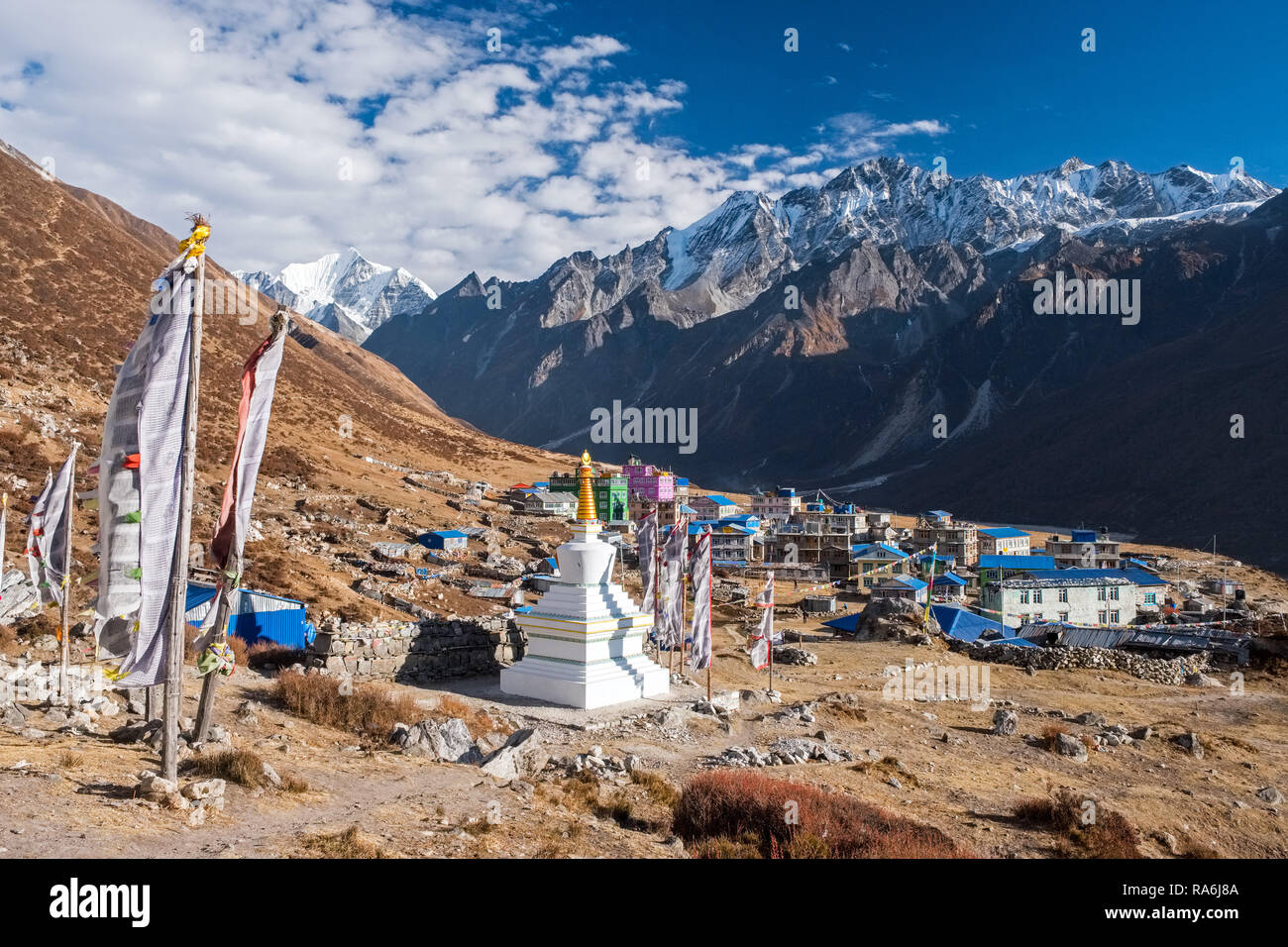 Le village de Kjanjin Gompa à la tête de la Langtang Valley dans l'Himalaya au Népal Banque D'Images