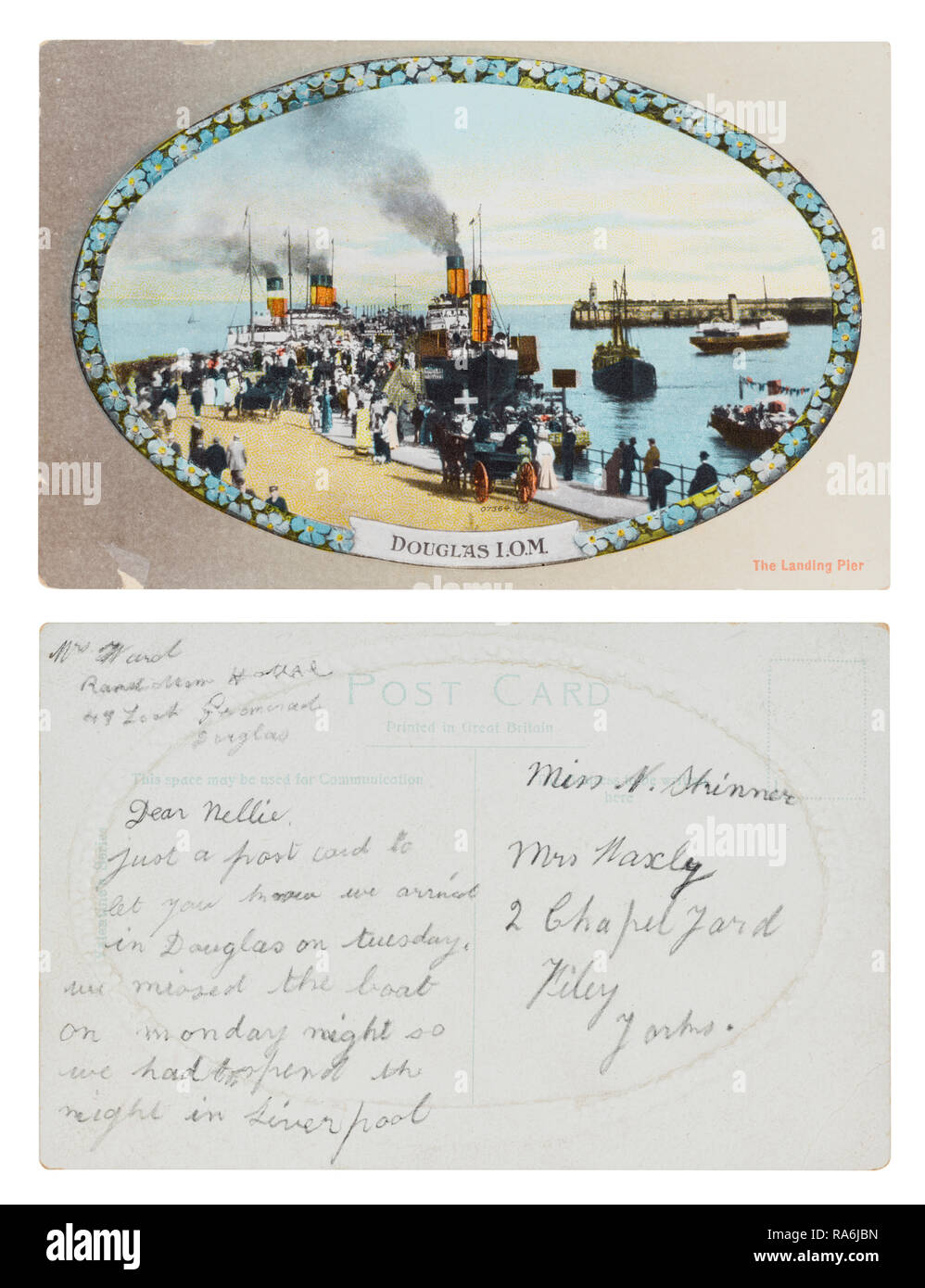 Cartes postales de 49 Loch Promenade, Douglas, de l'OIM à Mlle Nellie Shinner, Mme Naxly Chapelford, 2, Filey, Yorkshire Banque D'Images