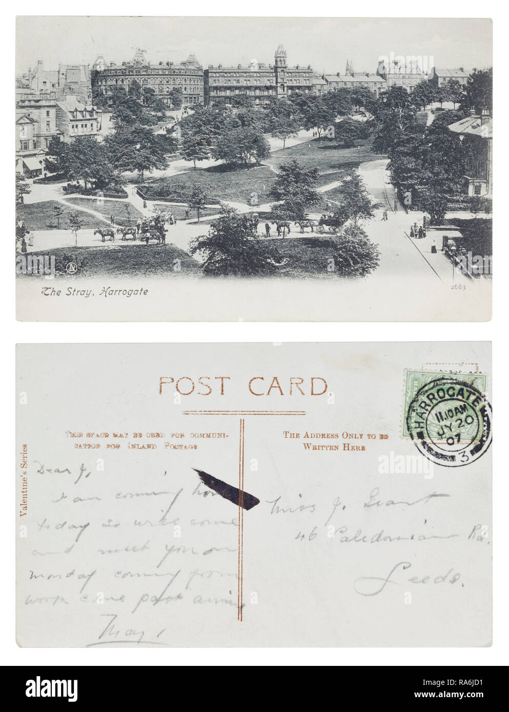 Carte postale envoyer de Harrogate à Miss J'octroyer au 46 Calendonian Road, Leeds en juillet 1907 Banque D'Images