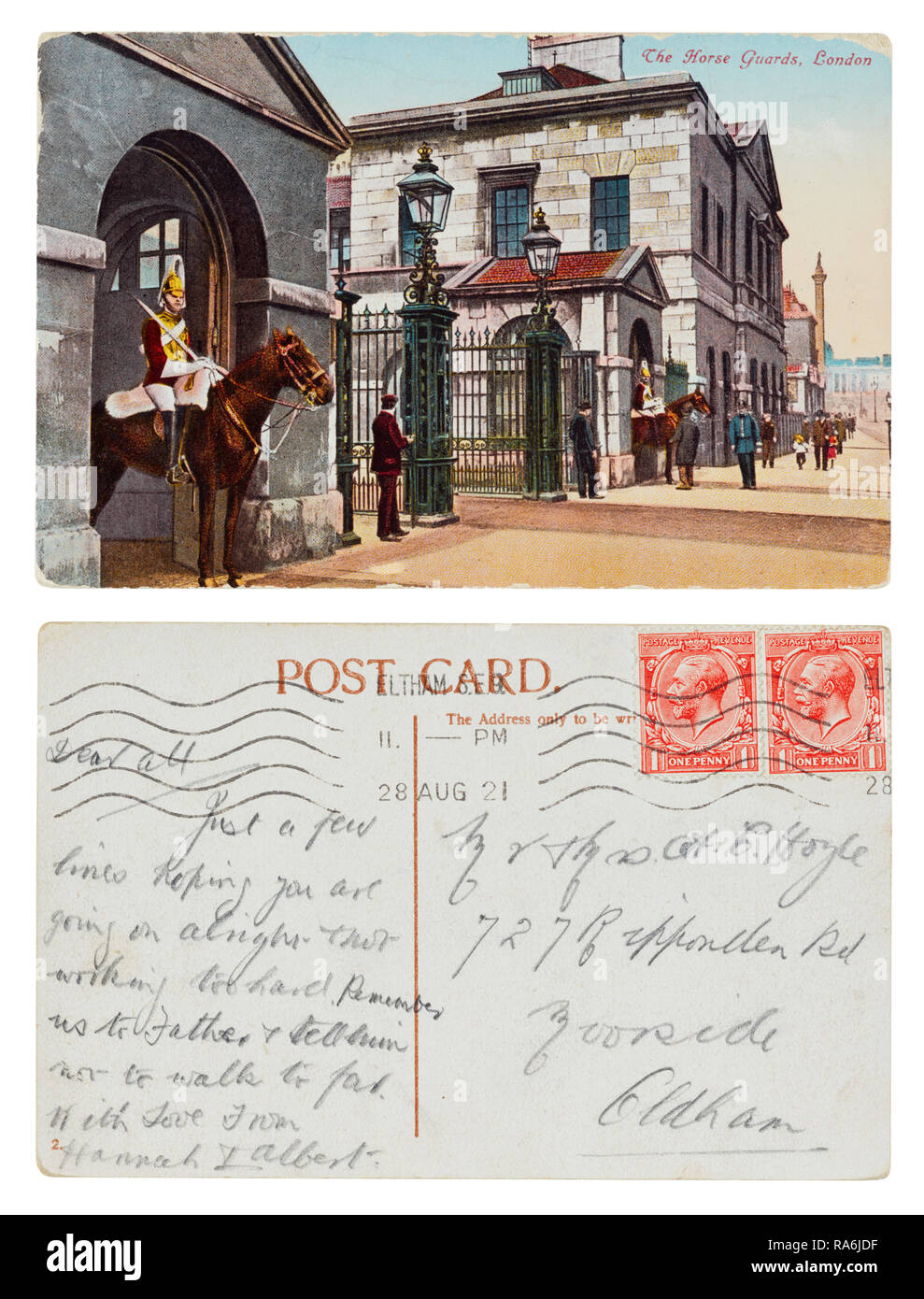 Carte postale de Horseguards Parade London, du Hannah & Albert à Mr & Mme Hoyle, 727 Ripponden Road, Moorside, Oldham envoyé en août 1921 Banque D'Images